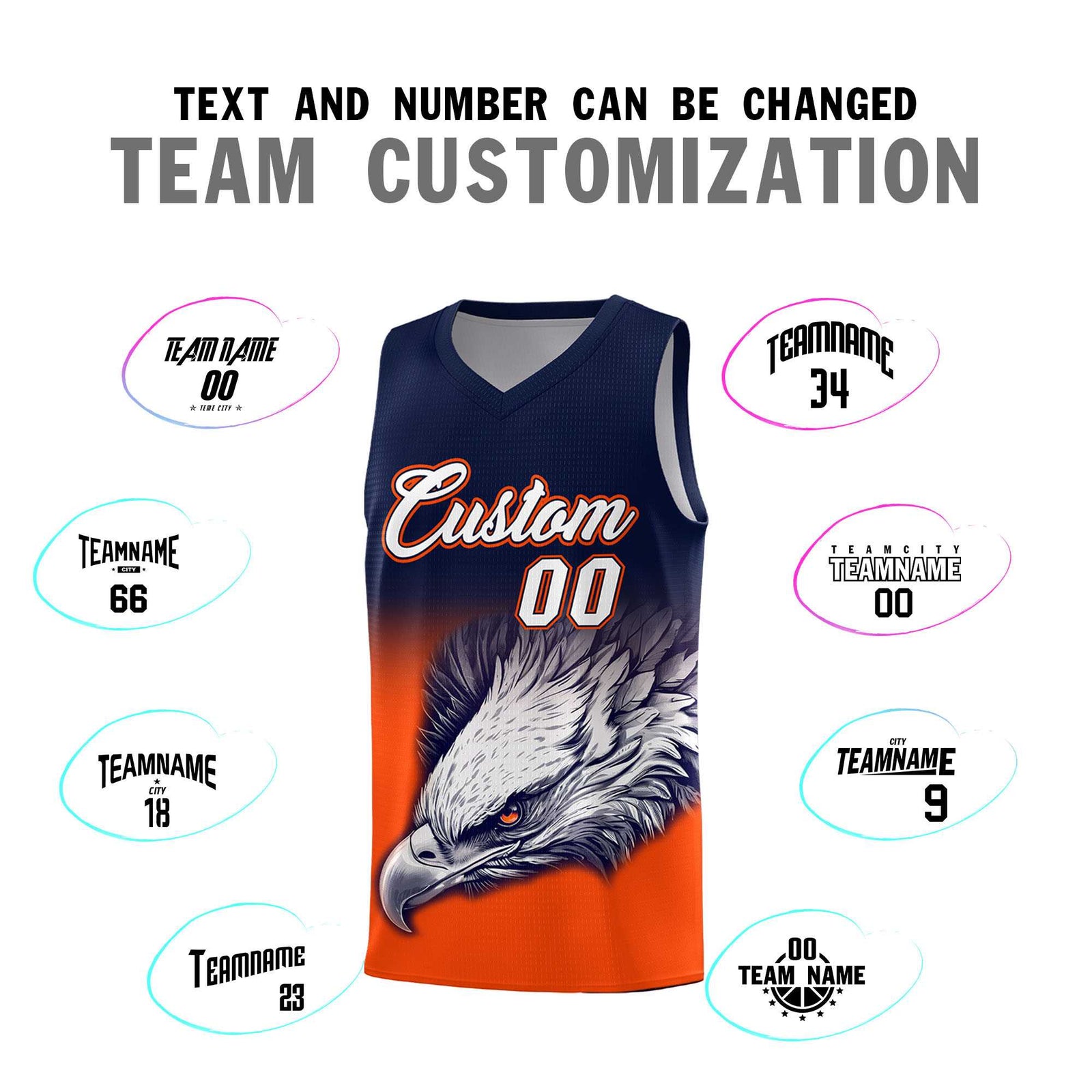 Custom Navy Orange Basketball Kits with Eagle Pattern