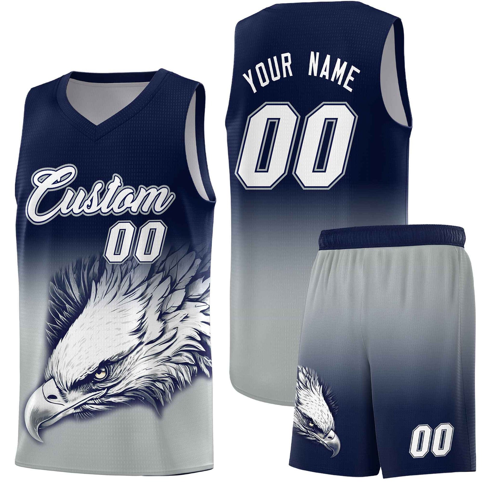 Custom Navy Gray Basketball Kits with Eagle Pattern