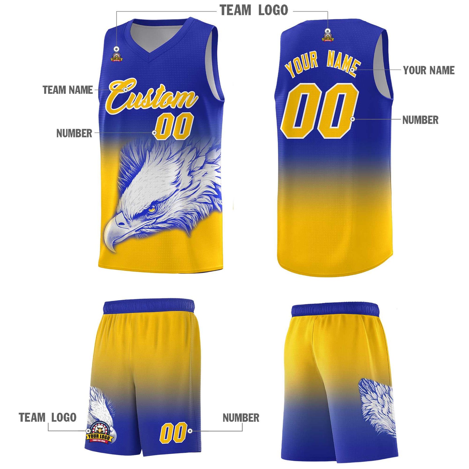 Custom Royal Yellow Basketball Kits with Eagle Pattern