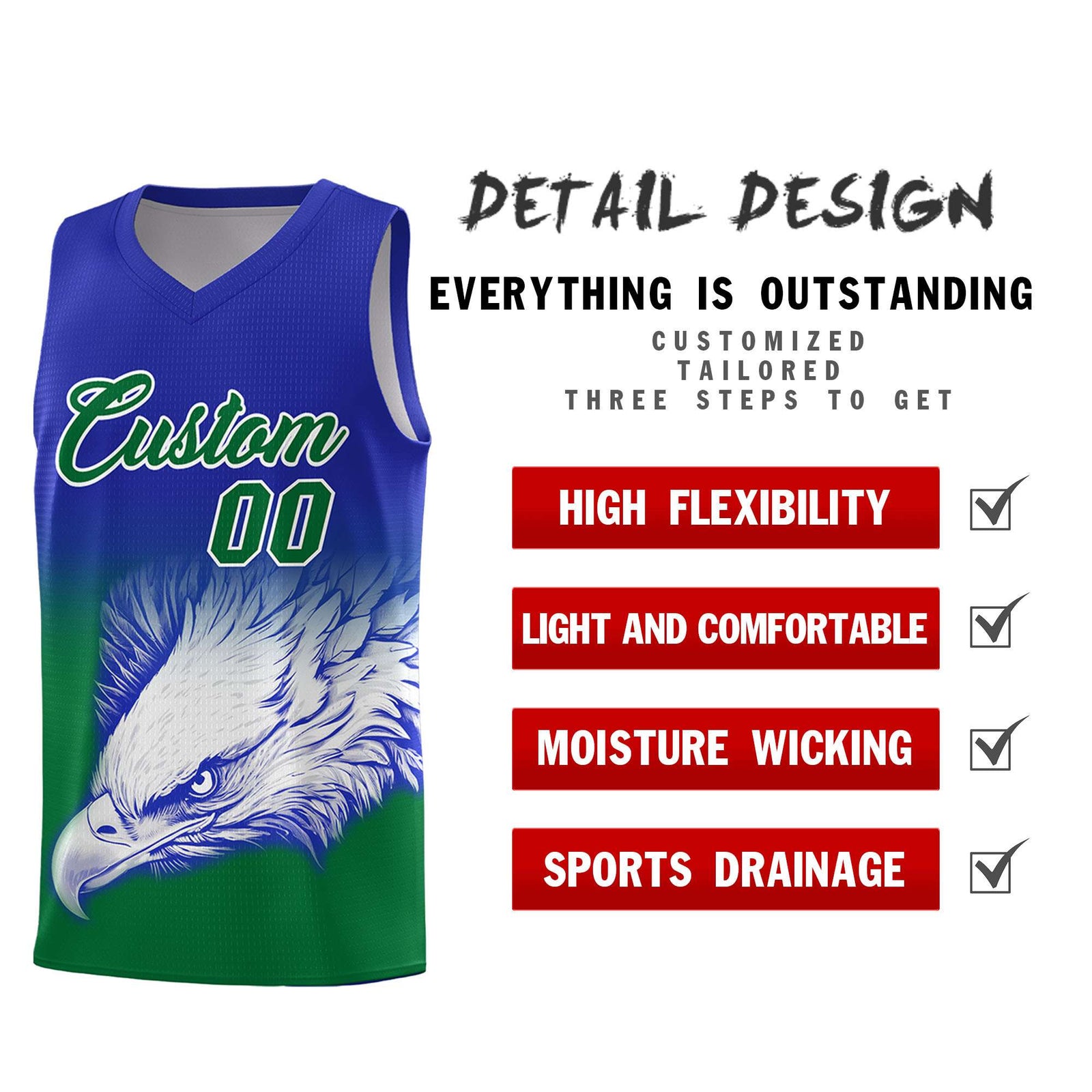 Custom Royal Kelly Green Basketball Kits with Eagle Pattern