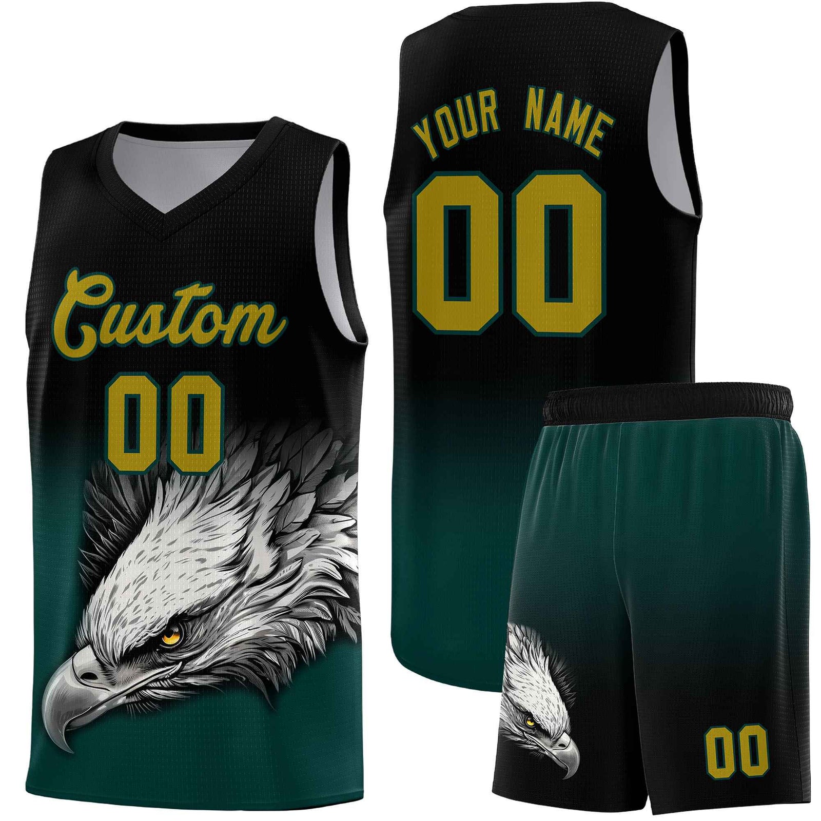 Custom Black Midnight Green Basketball Kits with Eagle Pattern