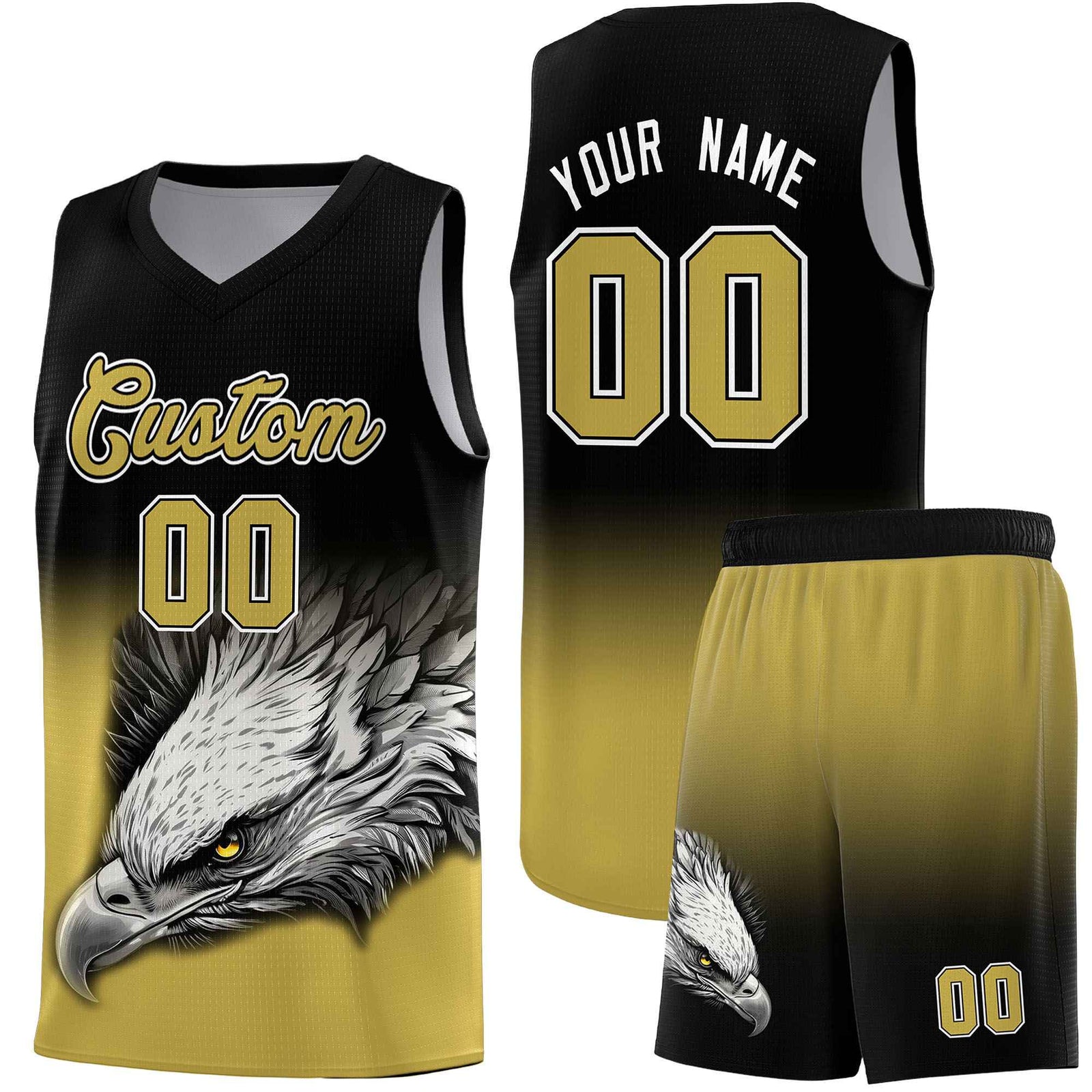 Custom Black Old Gold Basketball Kits with Eagle Pattern