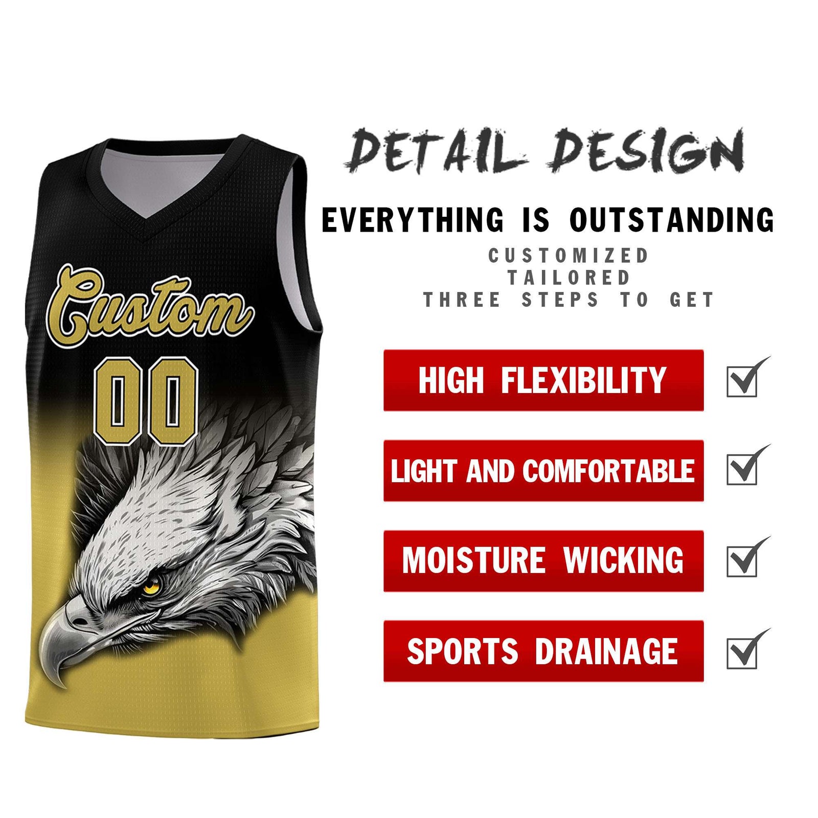 Custom Black Old Gold Basketball Kits with Eagle Pattern