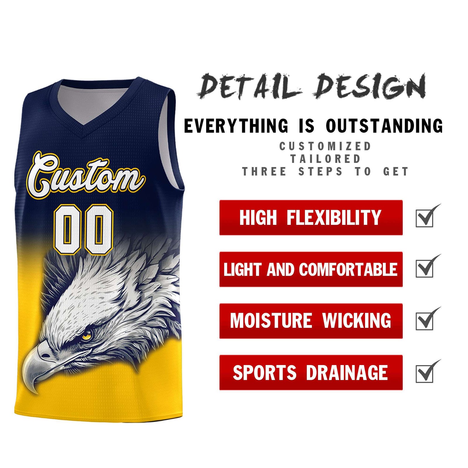 Custom Navy Yellow Basketball Kits with Eagle Pattern