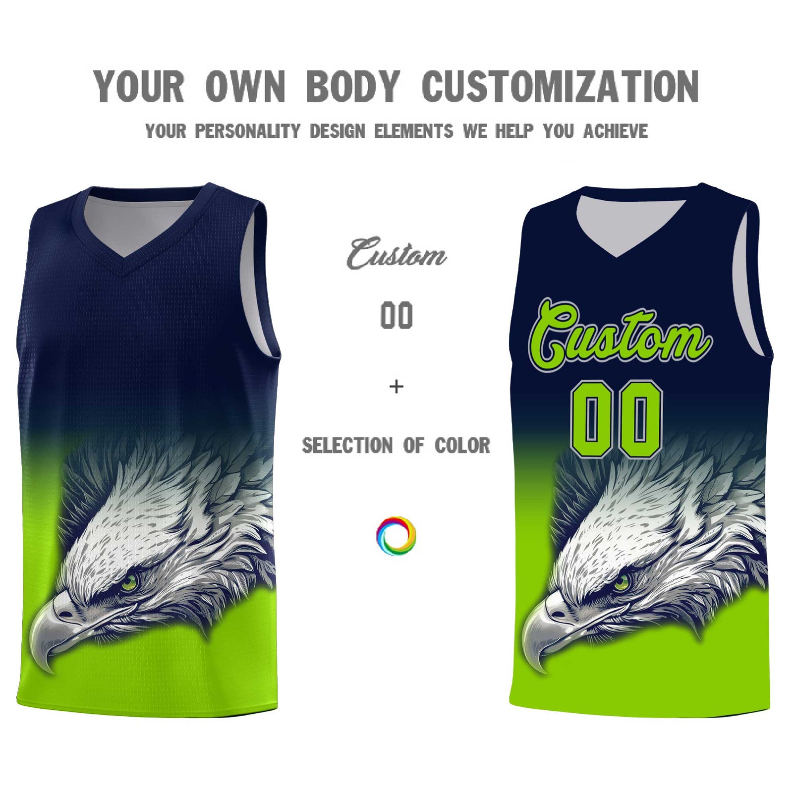 Custom Navy Neon Green Basketball Kits with Eagle Pattern