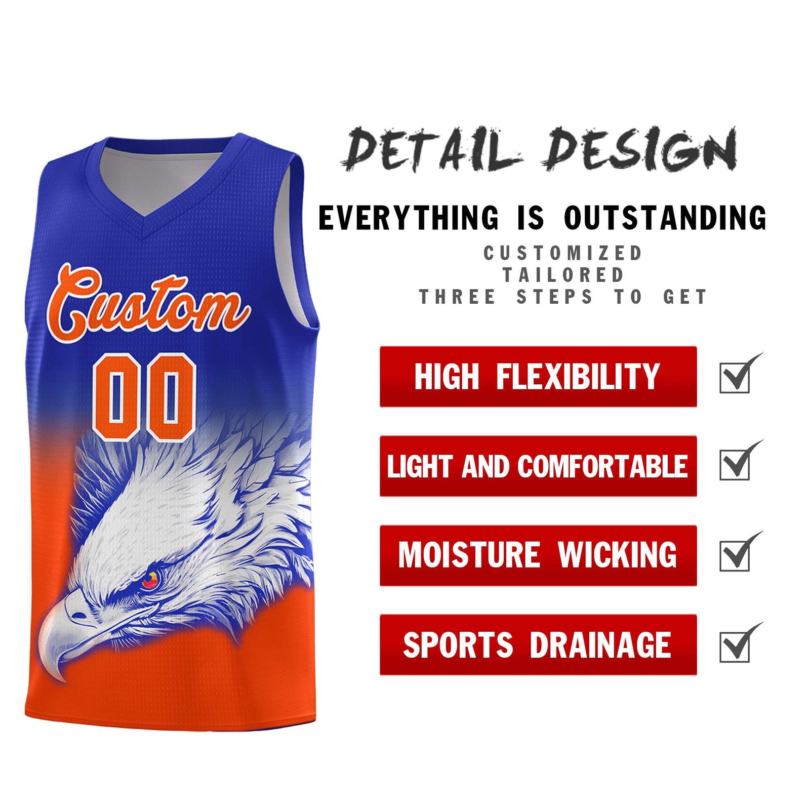 Custom Royal Orange Basketball Kits with Eagle Pattern