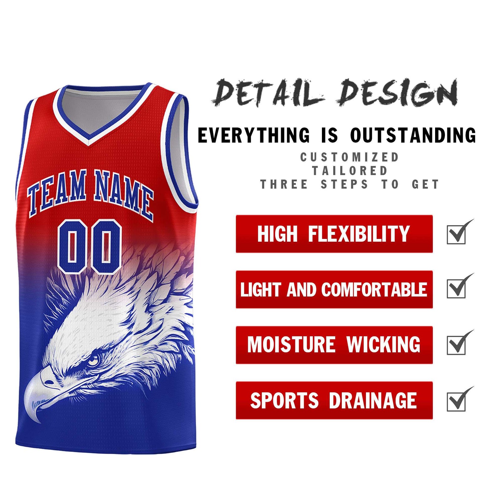 Custom Red Royal Basketball Kits with Eagle Pattern