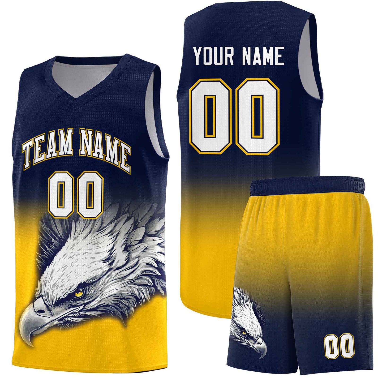 Custom Navy Yellow Basketball Kits with Eagle Pattern