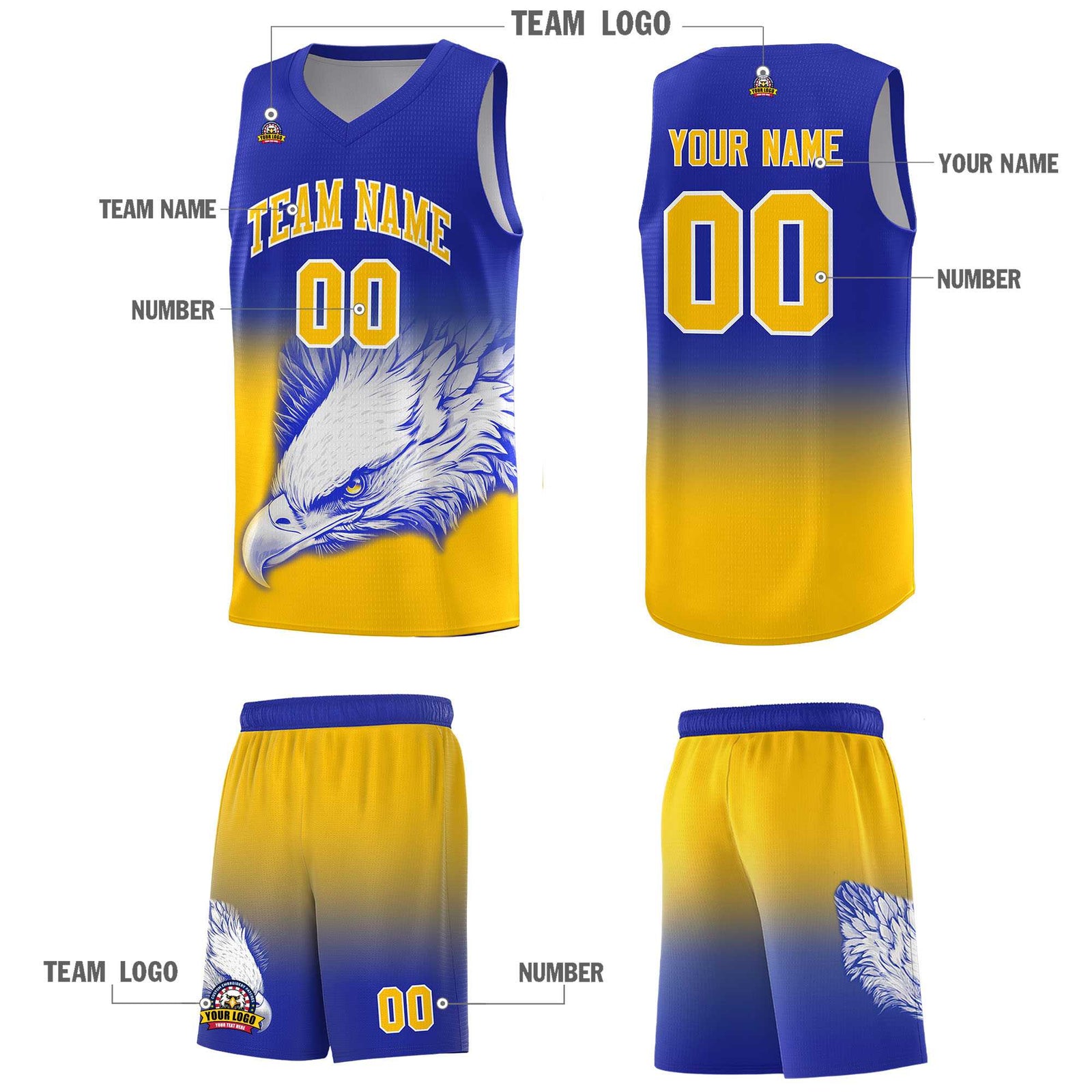 Custom Royal Yellow Basketball Kits with Eagle Pattern