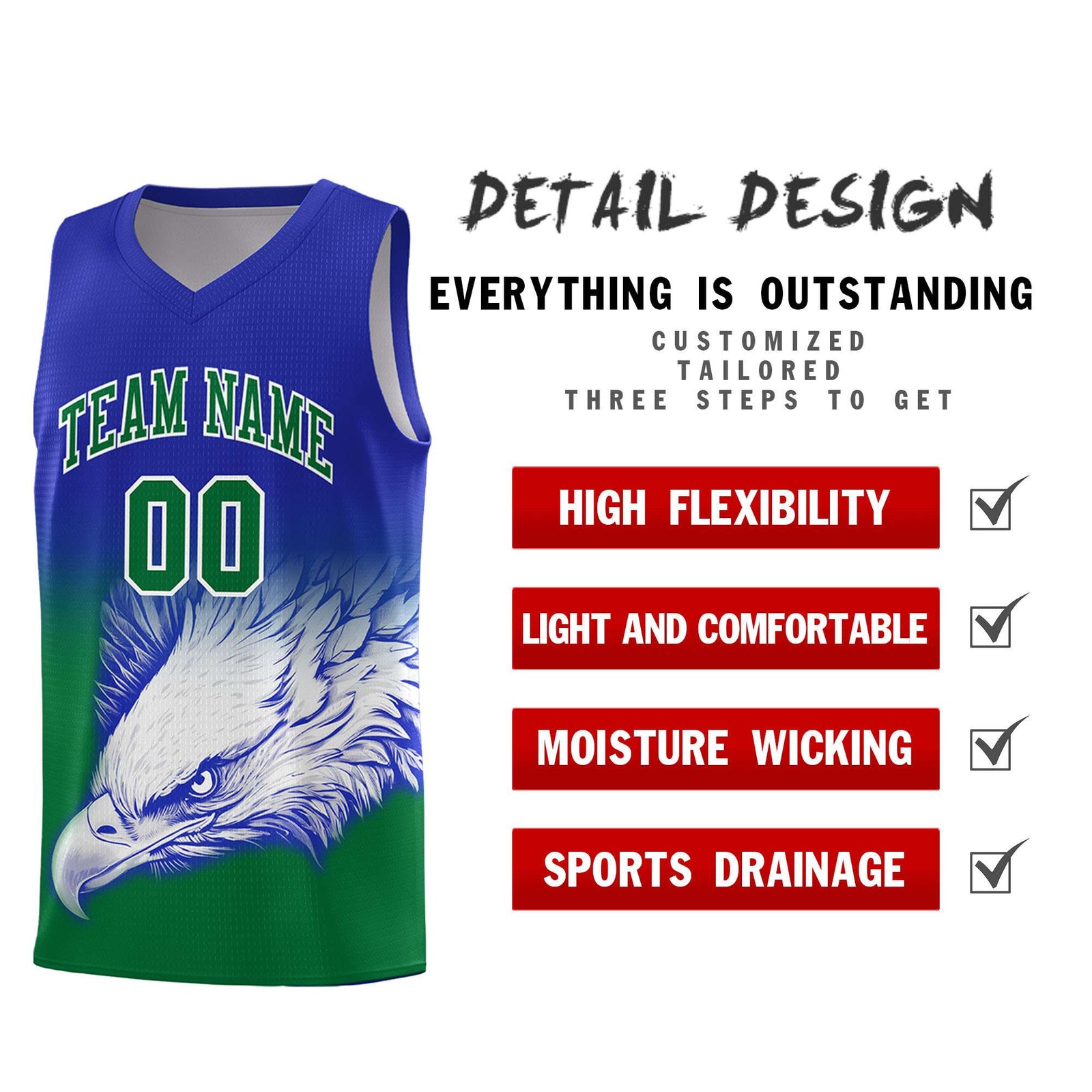 Custom Royal Kelly Green Basketball Kits with Eagle Pattern