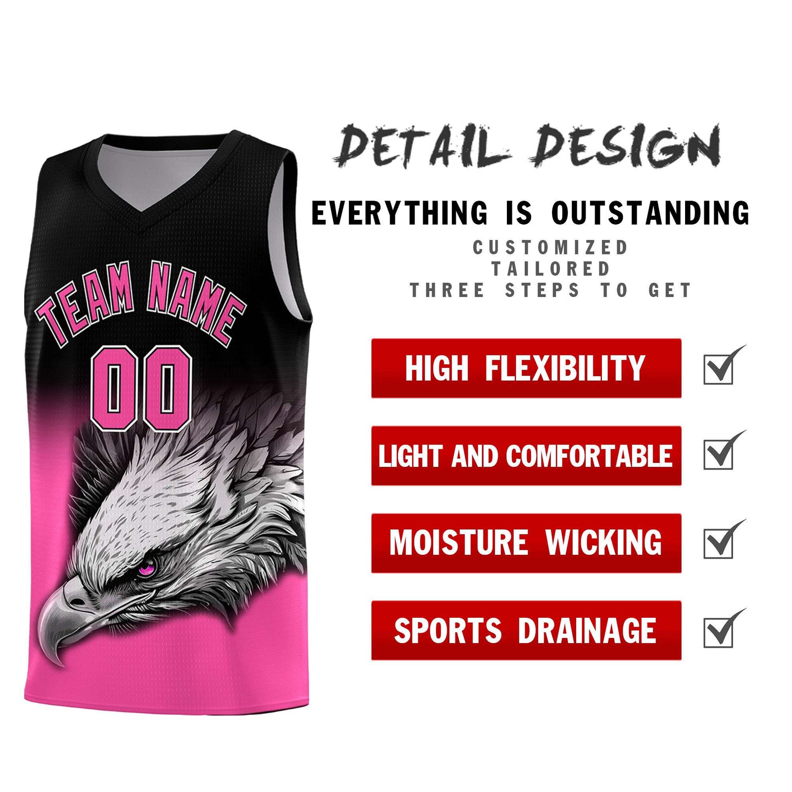 Custom Black Pink Basketball Kits with Eagle Pattern