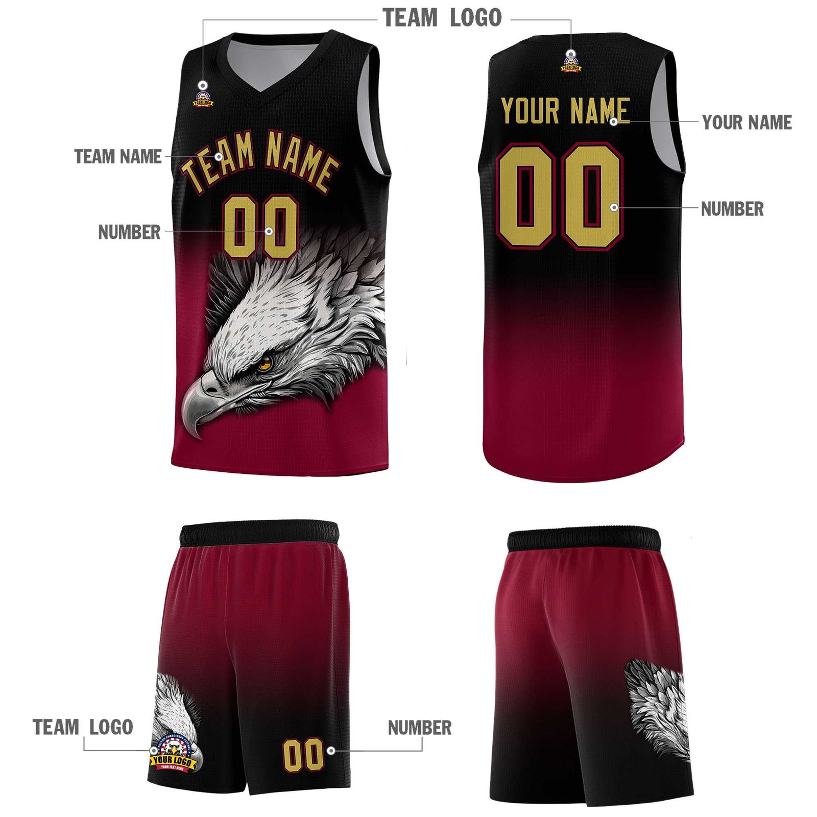 Custom Black Crimson Basketball Kits with Eagle Pattern
