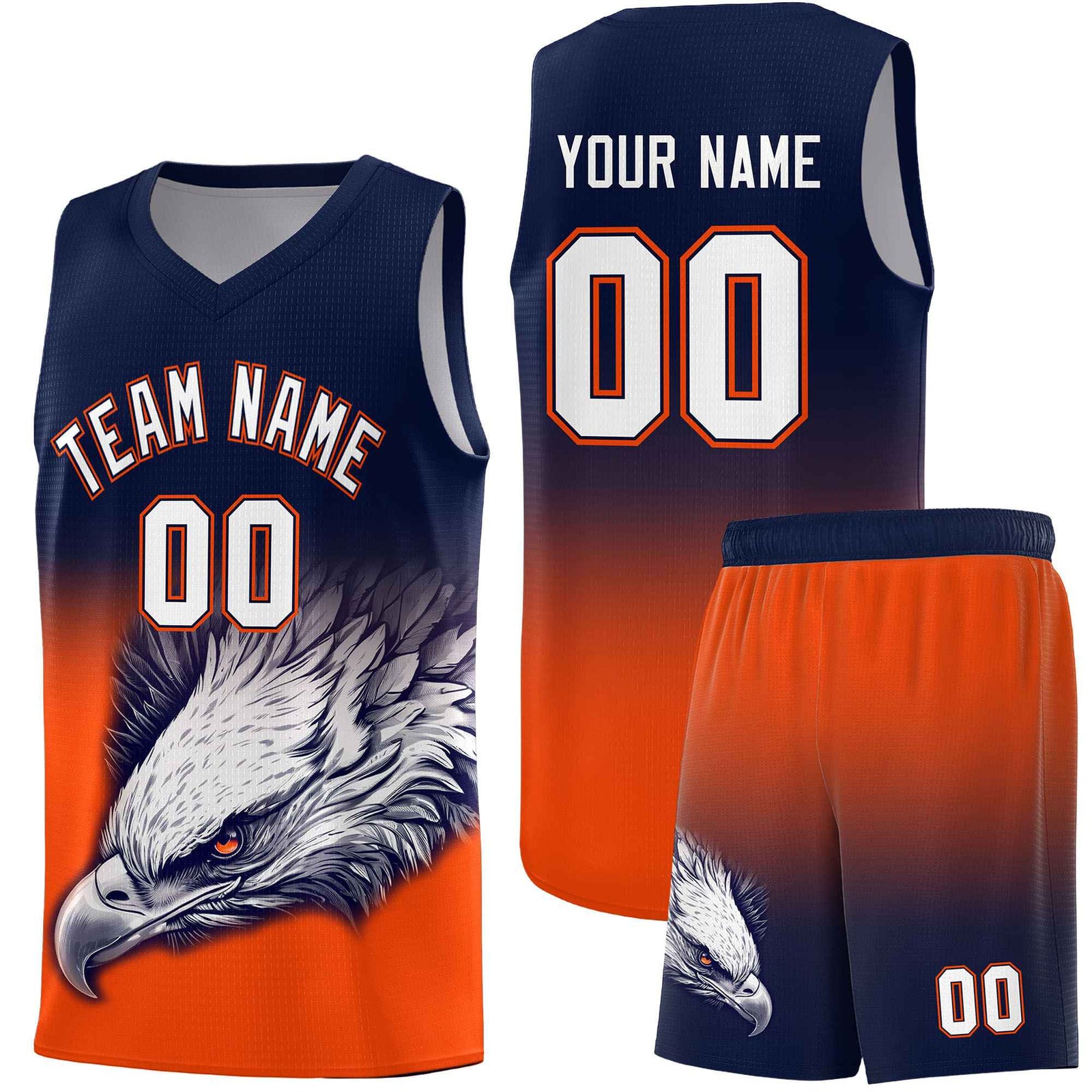 Custom Navy Orange Basketball Kits with Eagle Pattern