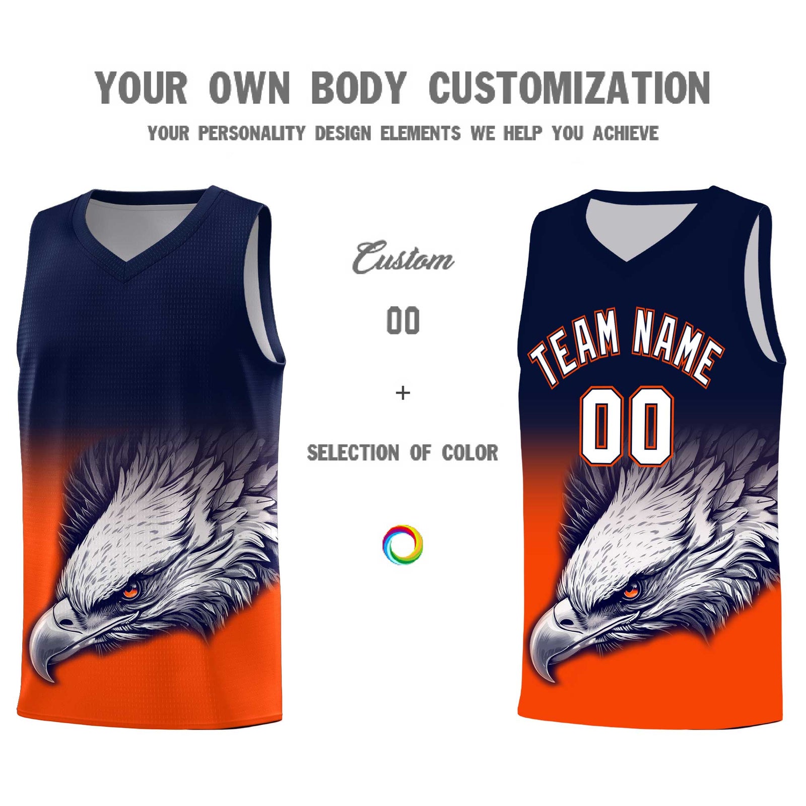 Custom Navy Orange Basketball Kits with Eagle Pattern