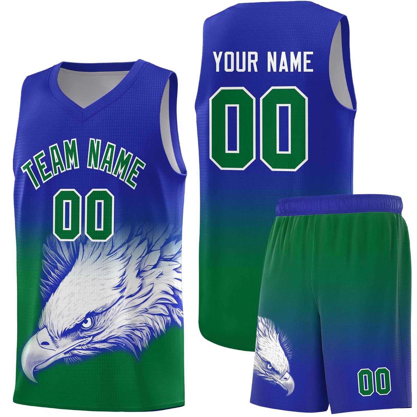 Custom Royal Kelly Green Basketball Kits with Eagle Pattern