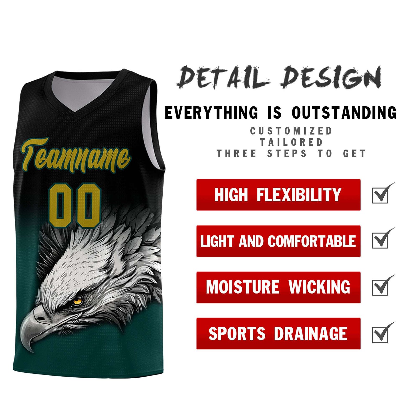 Custom Black Midnight Green Basketball Kits with Eagle Pattern