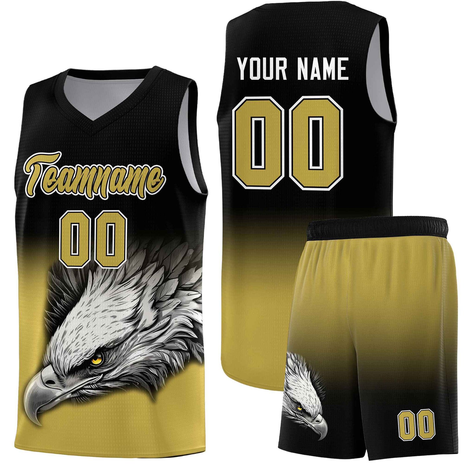 Custom Black Old Gold Basketball Kits with Eagle Pattern