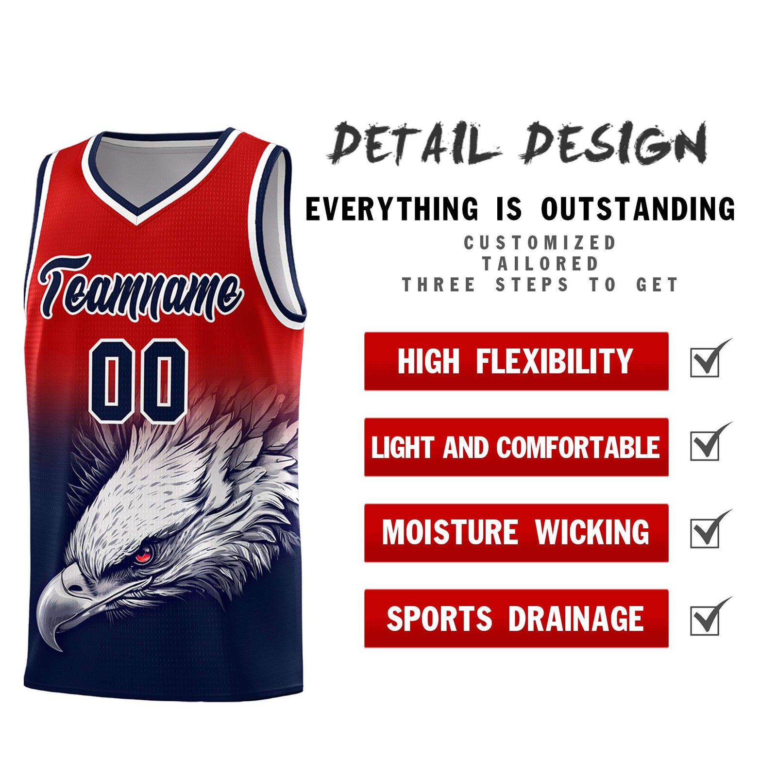 Custom Red Navy Basketball Kits with Eagle Pattern