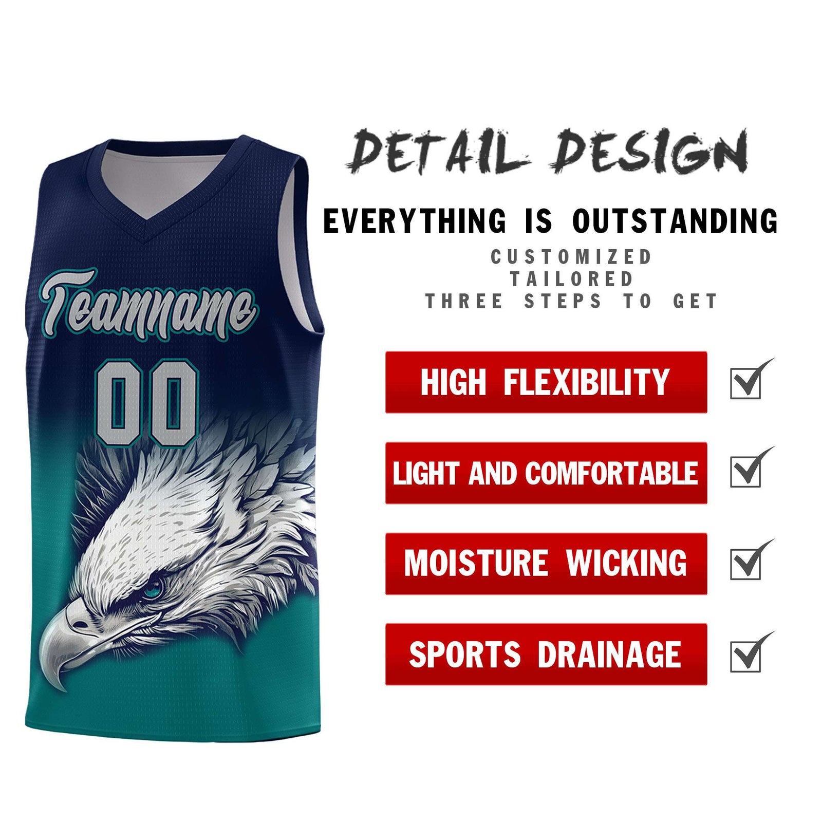 Custom Navy Teal Basketball Kits with Eagle Pattern