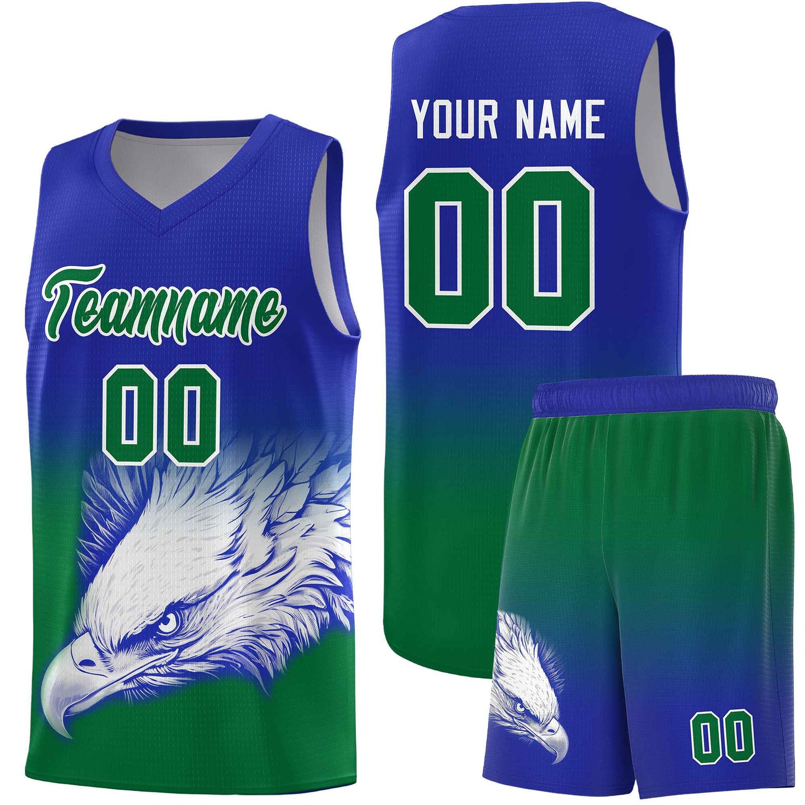 Custom Royal Kelly Green Basketball Kits with Eagle Pattern