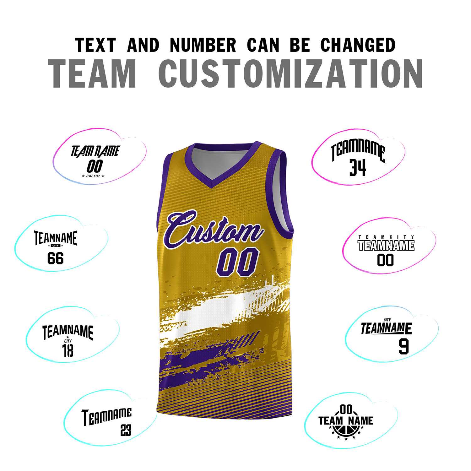 Custom Old Gold White and Purple Graffiti Pattern Sports Uniform Basketball Jersey