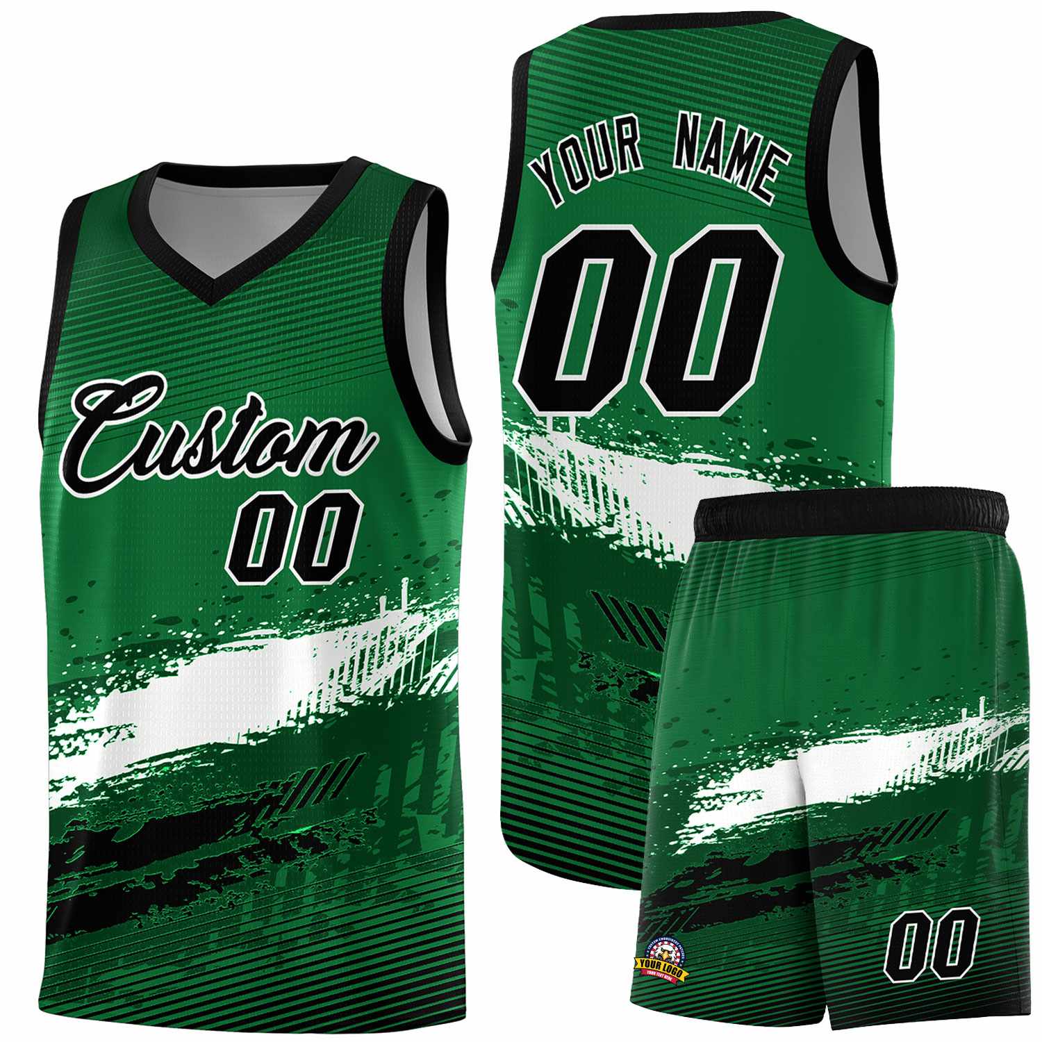 Custom Kelly Green White and Black Graffiti Pattern Sports Uniform Basketball Jersey