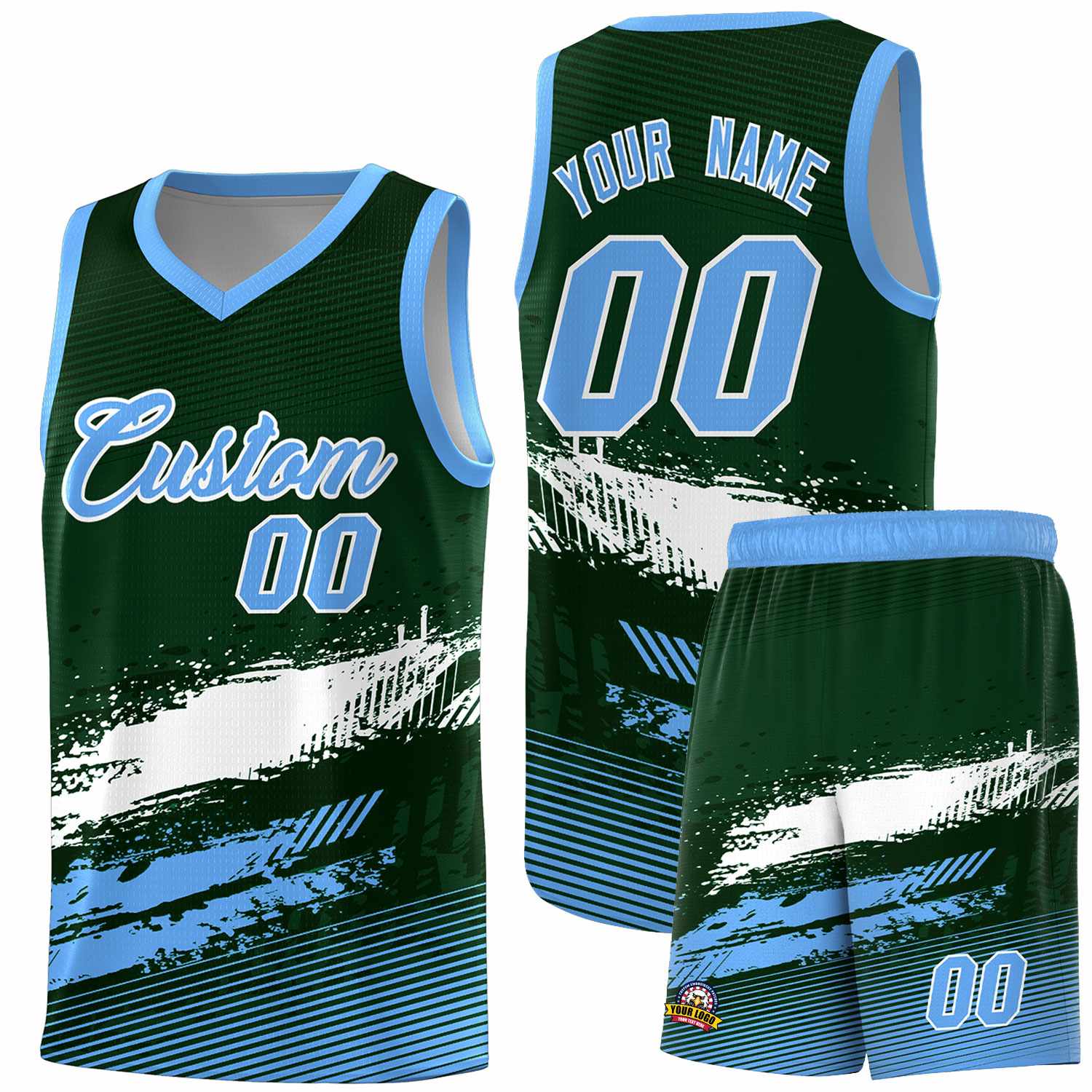 Custom Green White and Powder Blue Graffiti Pattern Sports Uniform Basketball Jersey