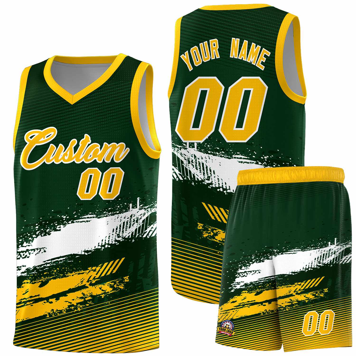 Custom Green White and Yellow Graffiti Pattern Sports Uniform Basketball Jersey