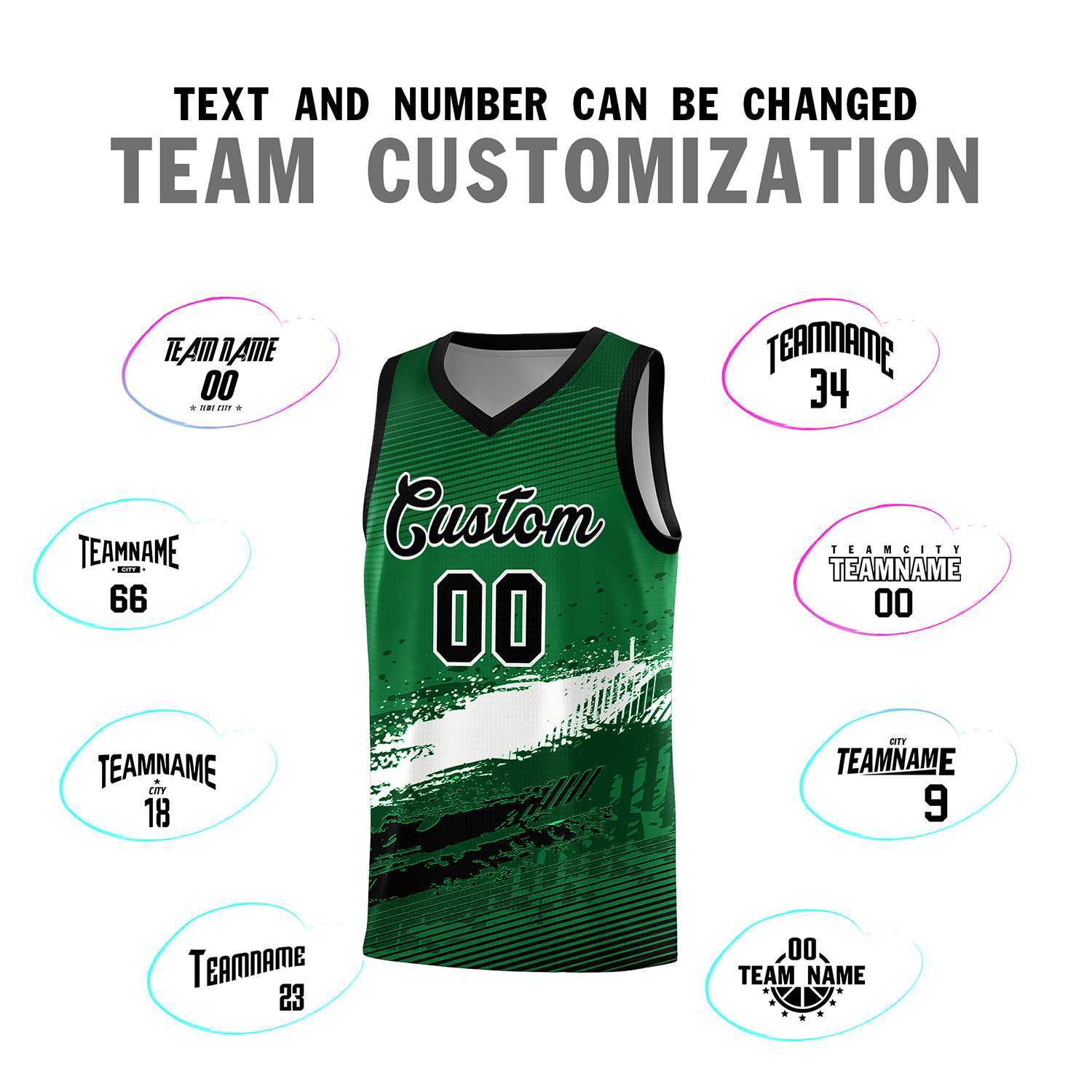 Custom Kelly Green White and Black Graffiti Pattern Sports Uniform Basketball Jersey