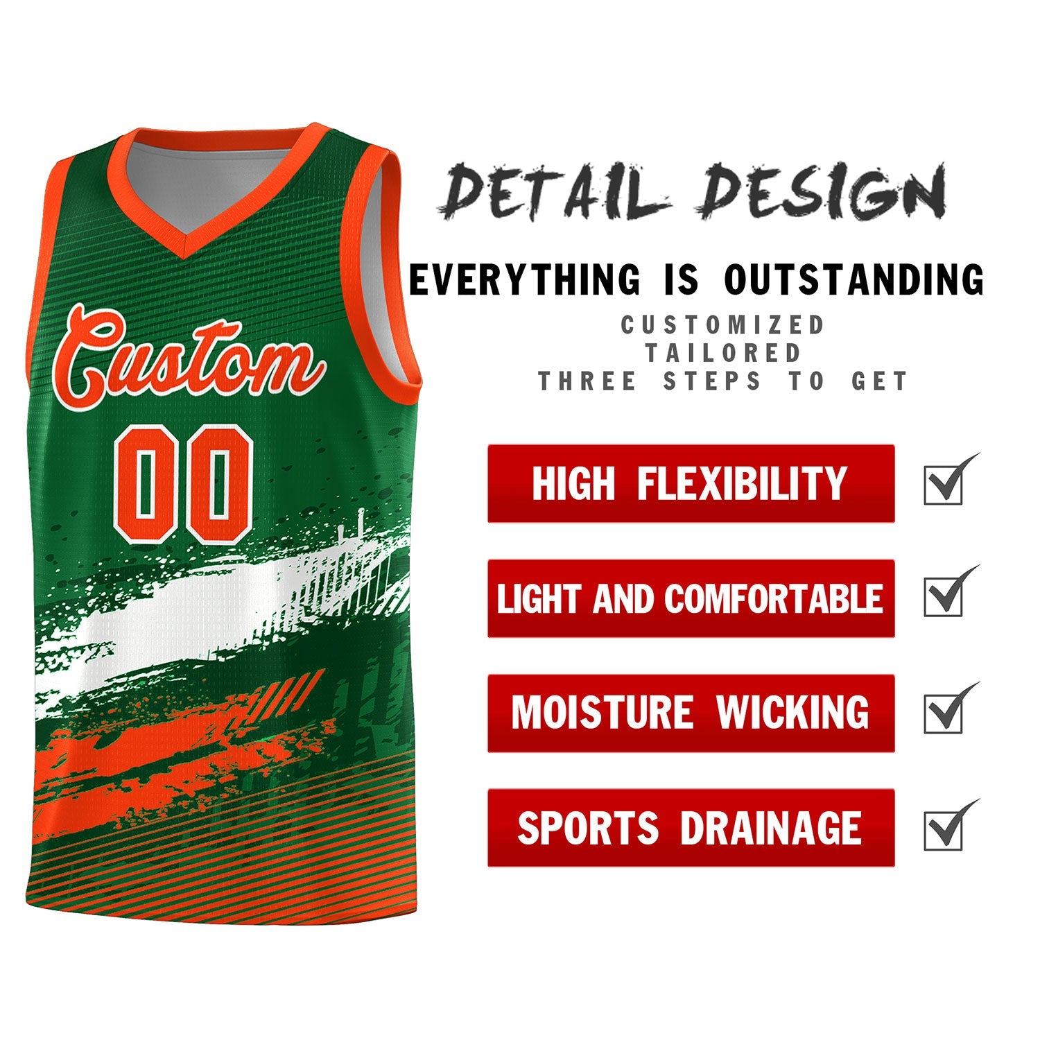 Custom Kelly Green White and Orange Graffiti Pattern Sports Uniform Basketball Jersey