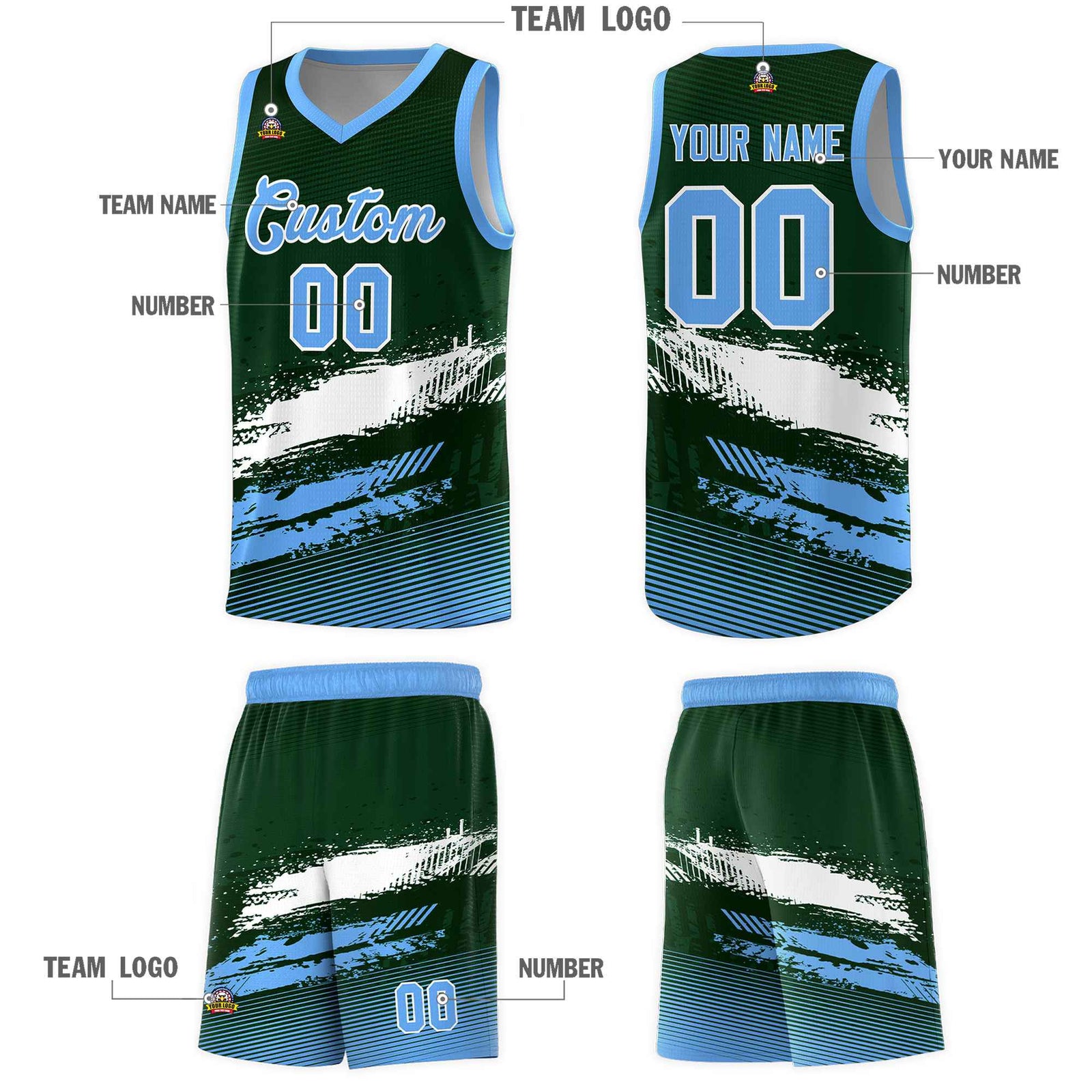 Custom Green White and Powder Blue Graffiti Pattern Sports Uniform Basketball Jersey