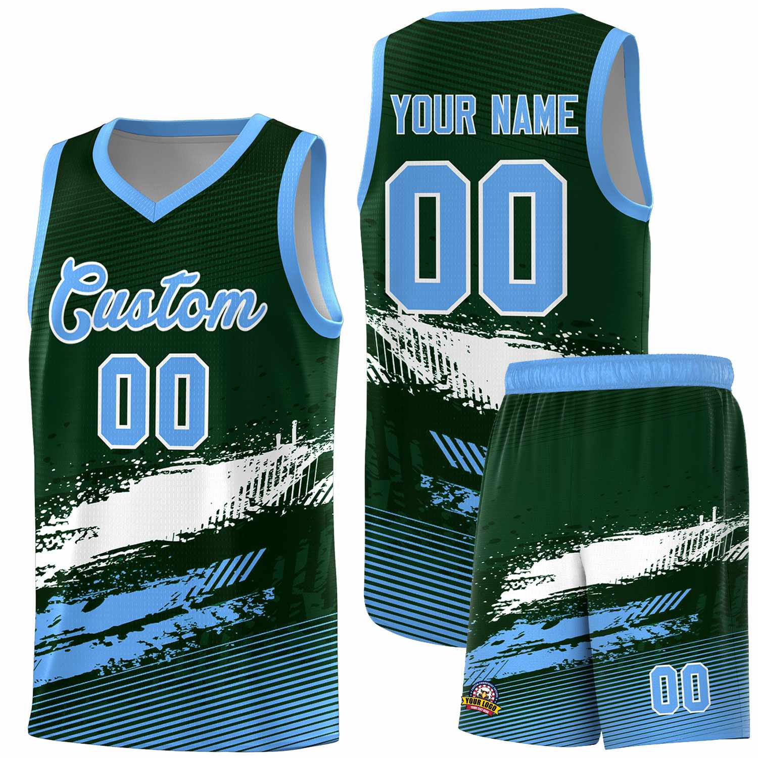 Custom Green White and Powder Blue Graffiti Pattern Sports Uniform Basketball Jersey