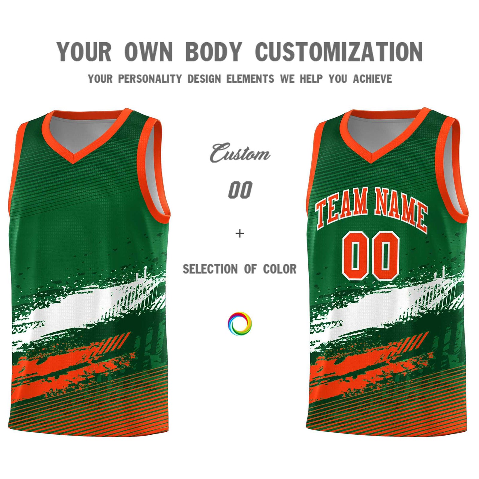 Custom Kelly Green White and Orange Graffiti Pattern Sports Uniform Basketball Jersey