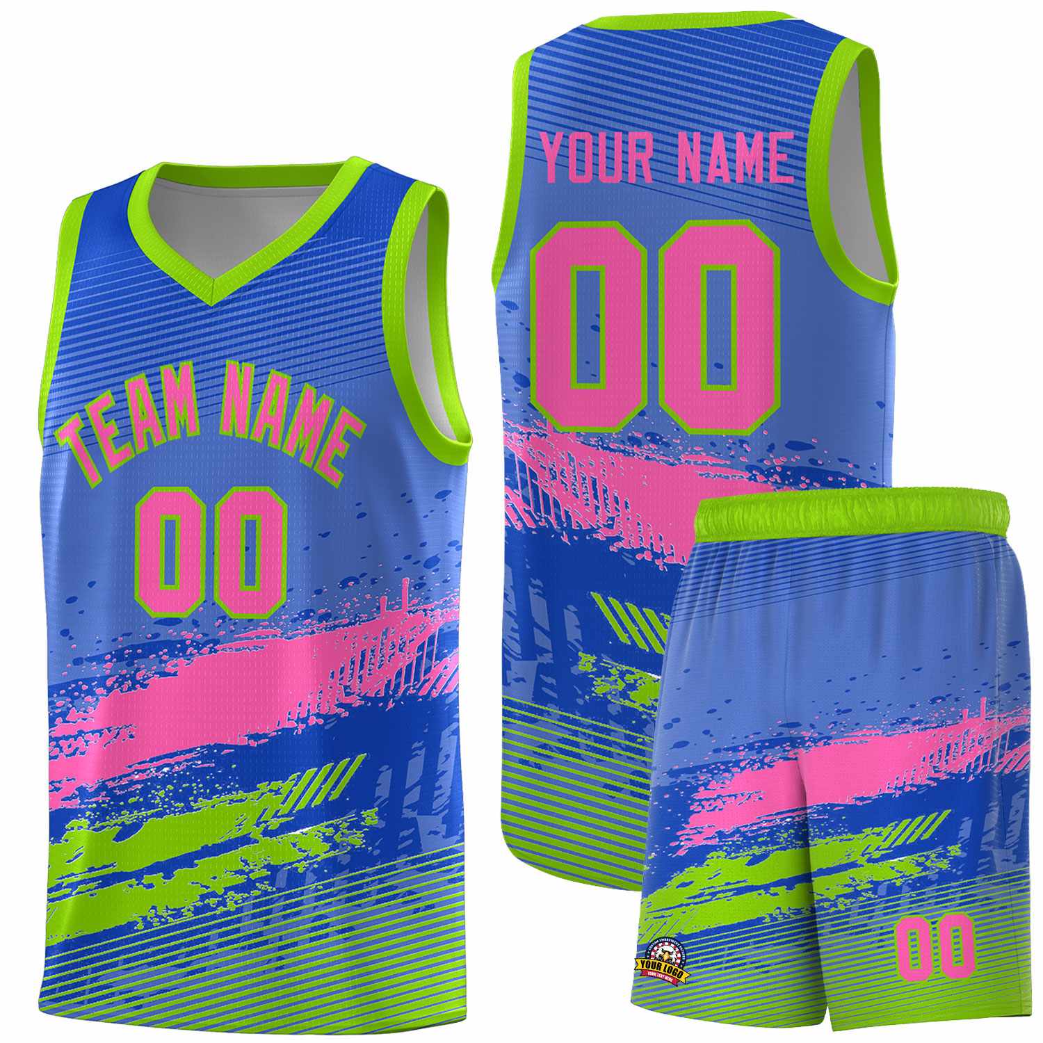Custom Royal Pink and Neon Green Graffiti Pattern Sports Uniform Basketball Jersey