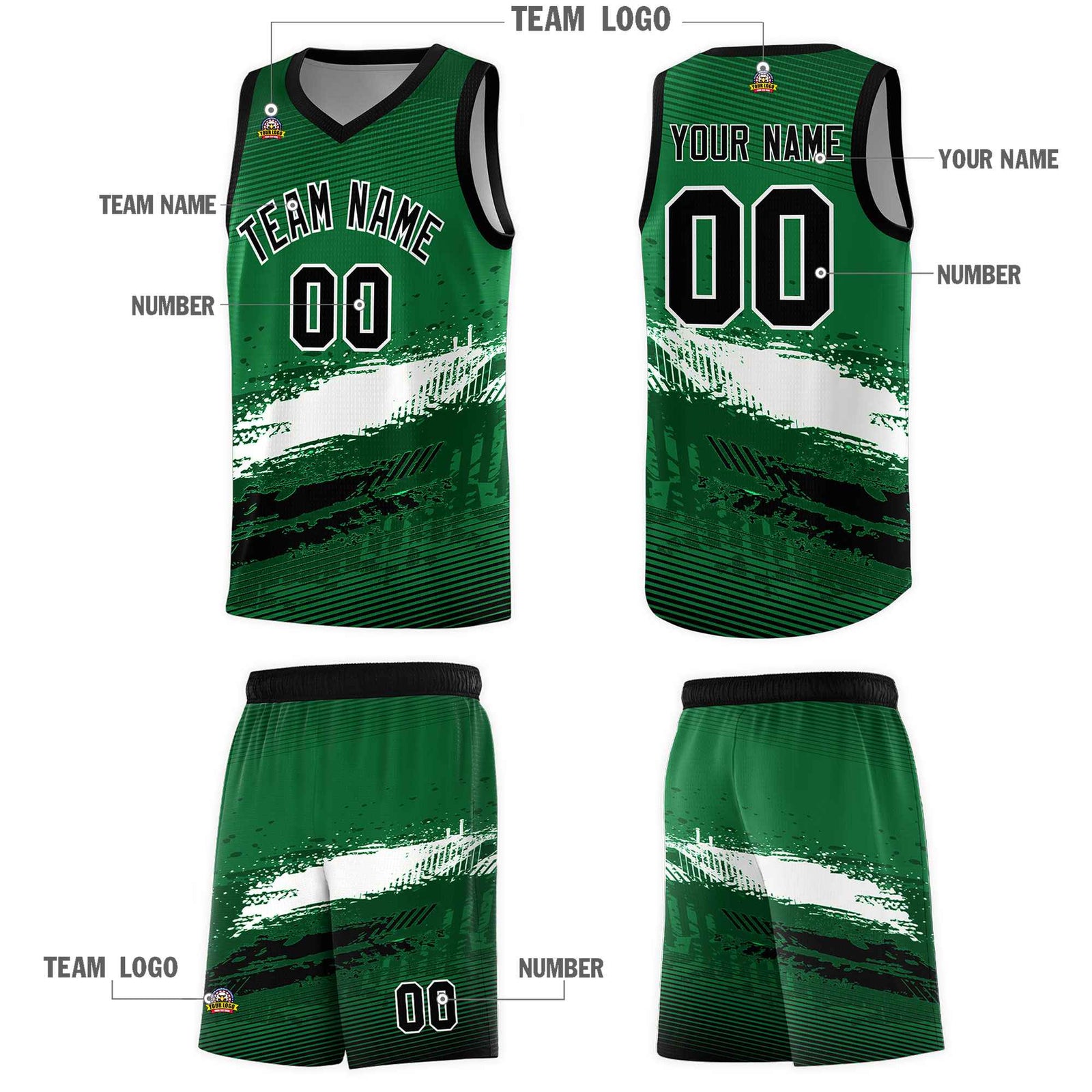 Custom Kelly Green White and Black Graffiti Pattern Sports Uniform Basketball Jersey