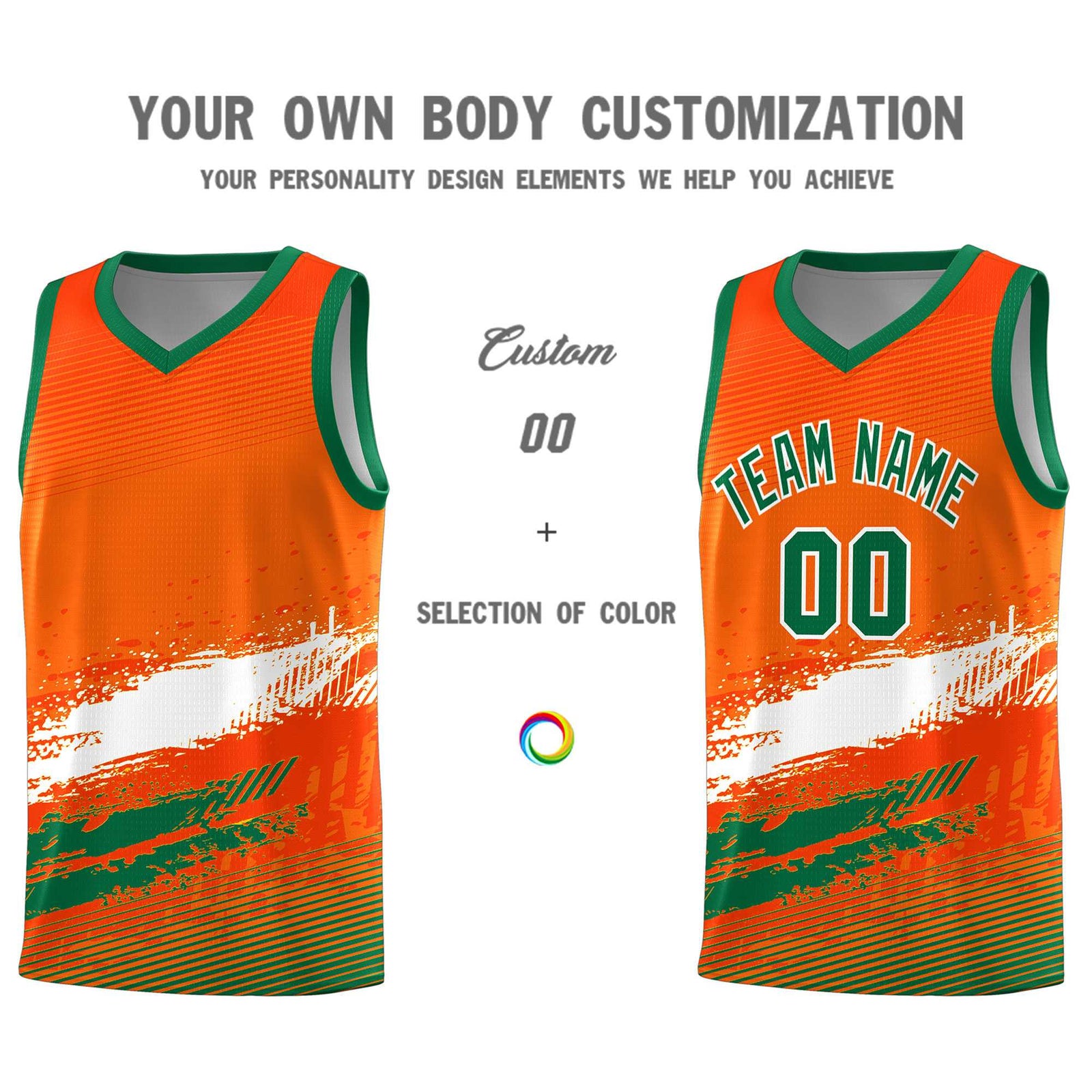 Custom Orange White and Kelly Green Graffiti Pattern Sports Uniform Basketball Jersey
