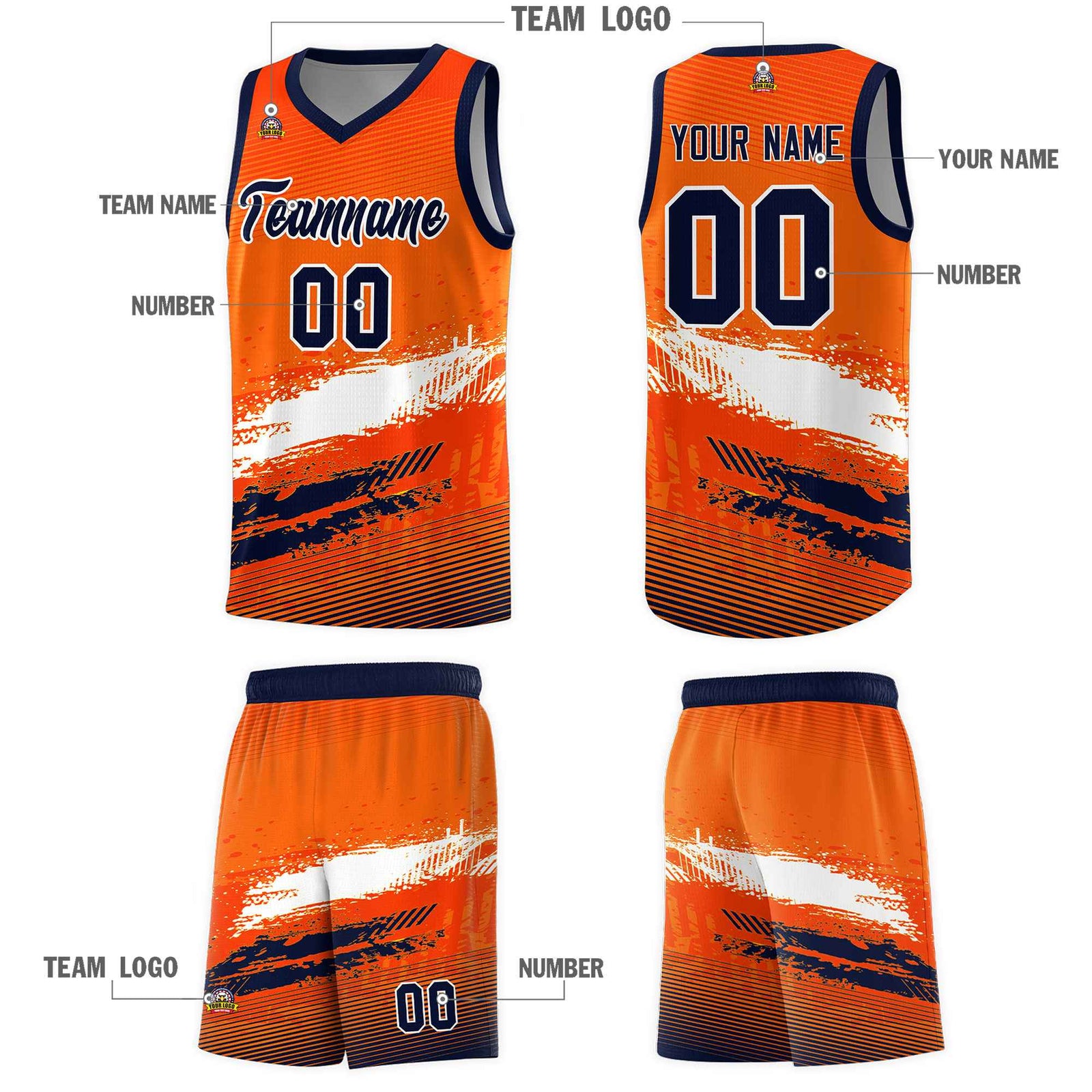 Custom Orange White and Navy Graffiti Pattern Sports Uniform Basketball Jersey