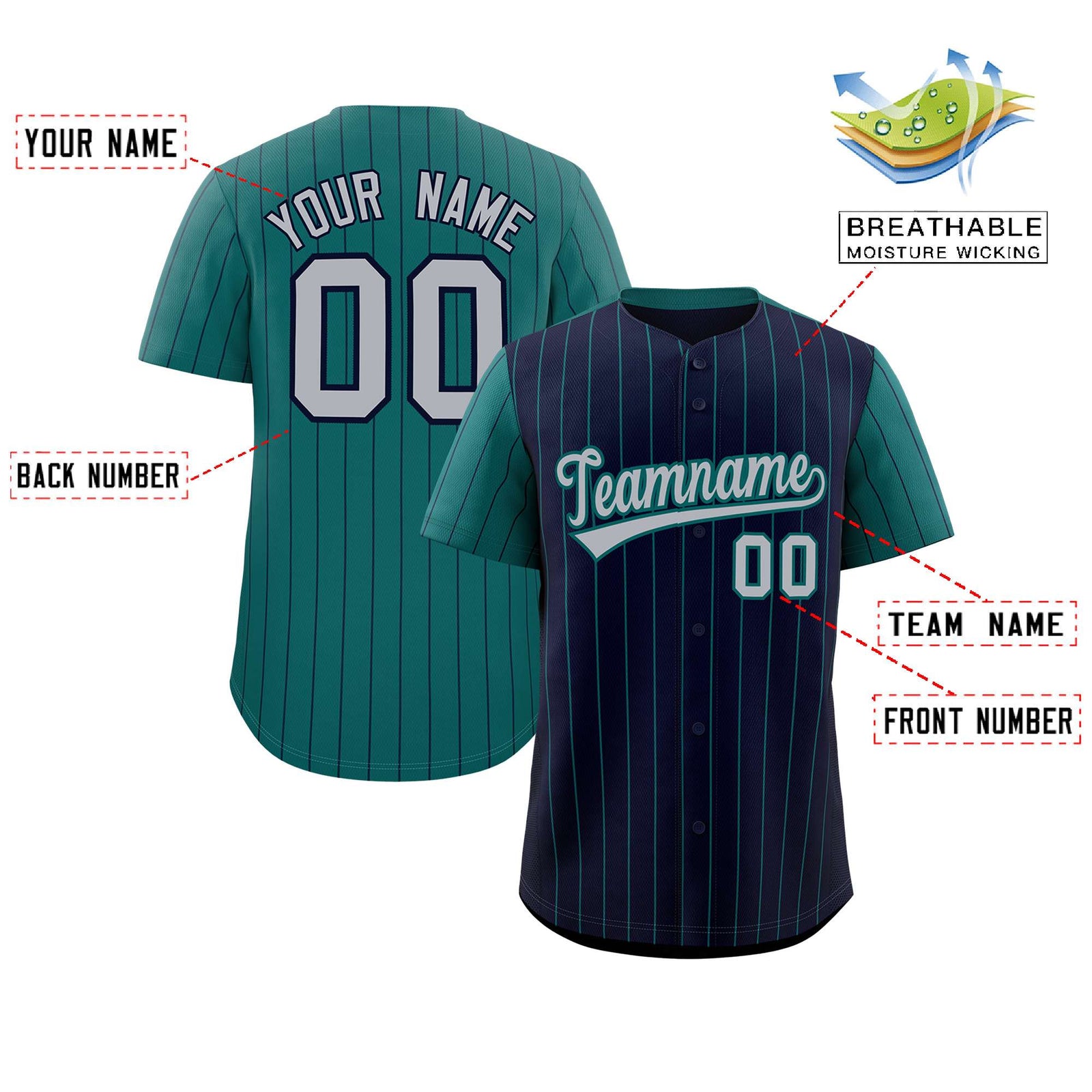 Custom Navy Midnight Green Pinstripe Personalized Raglan Sleeves Authentic Baseball Jersey