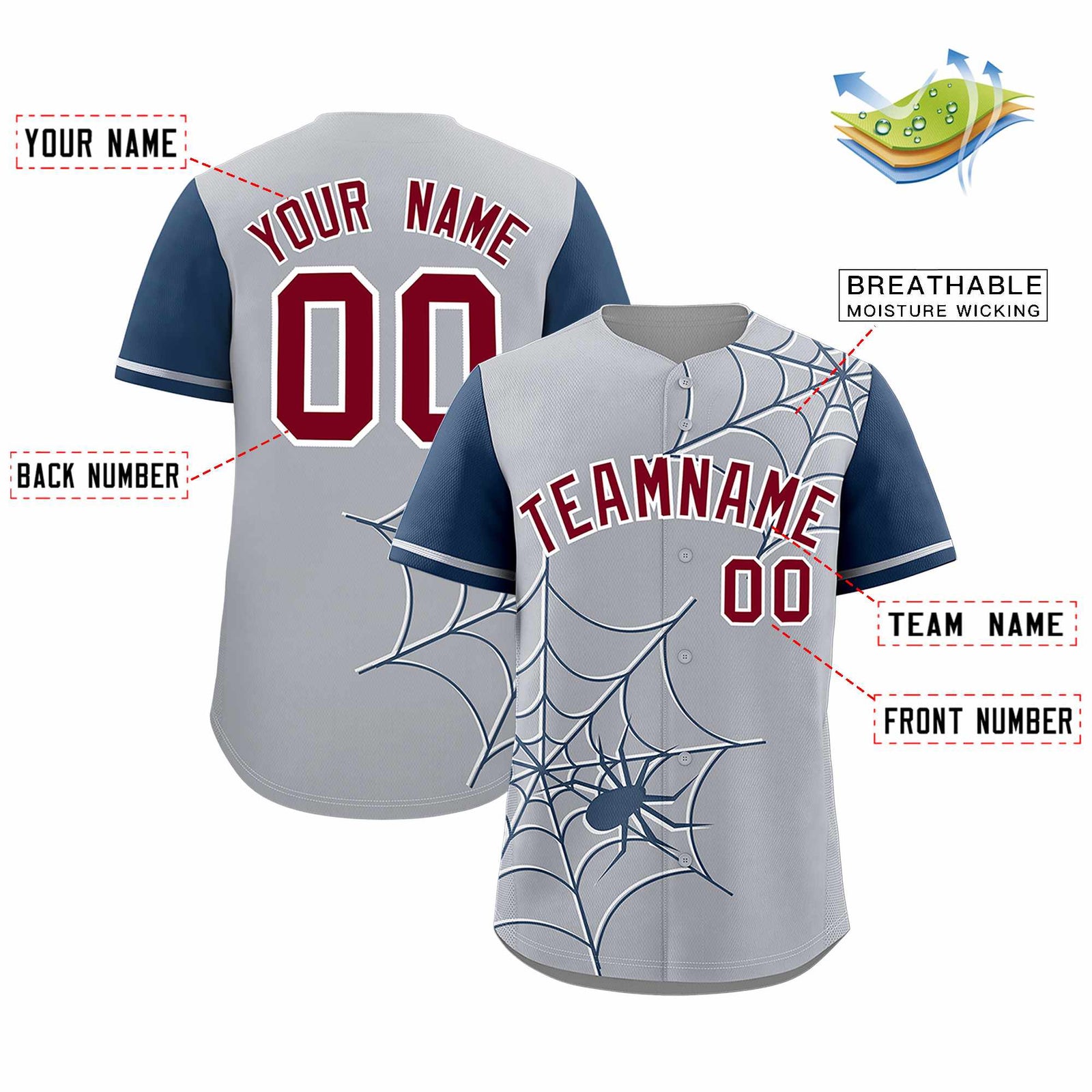 Custom Gray-Midnight Blue Spider Web Pattern Raglan Sleeves Authentic Baseball Jersey
