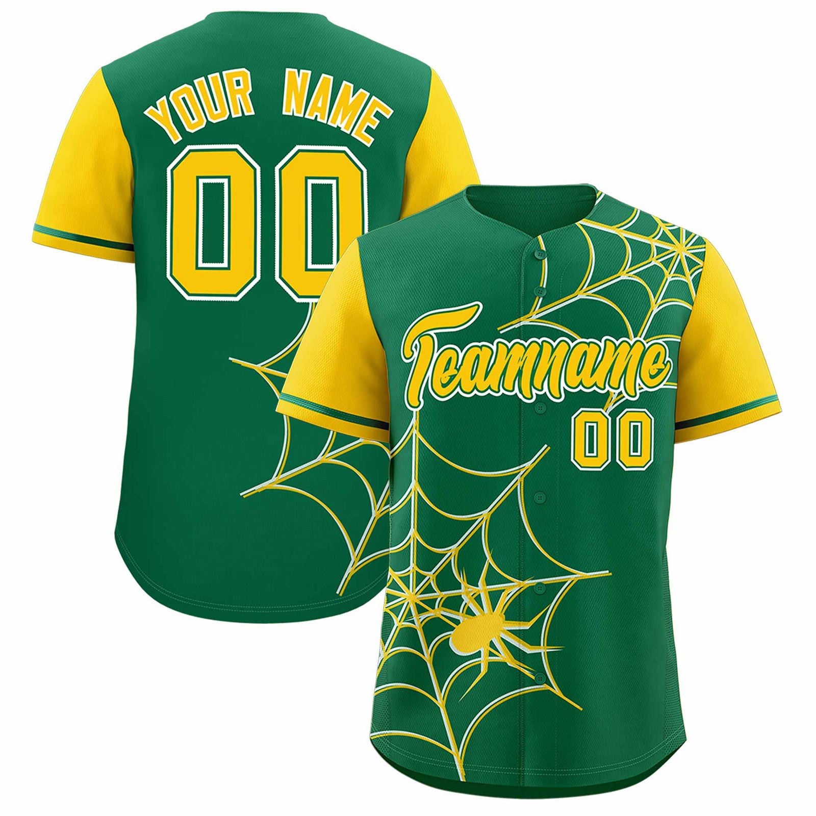 Custom Kelly Green-Gold Spider Web Pattern Raglan Sleeves Authentic Baseball Jersey