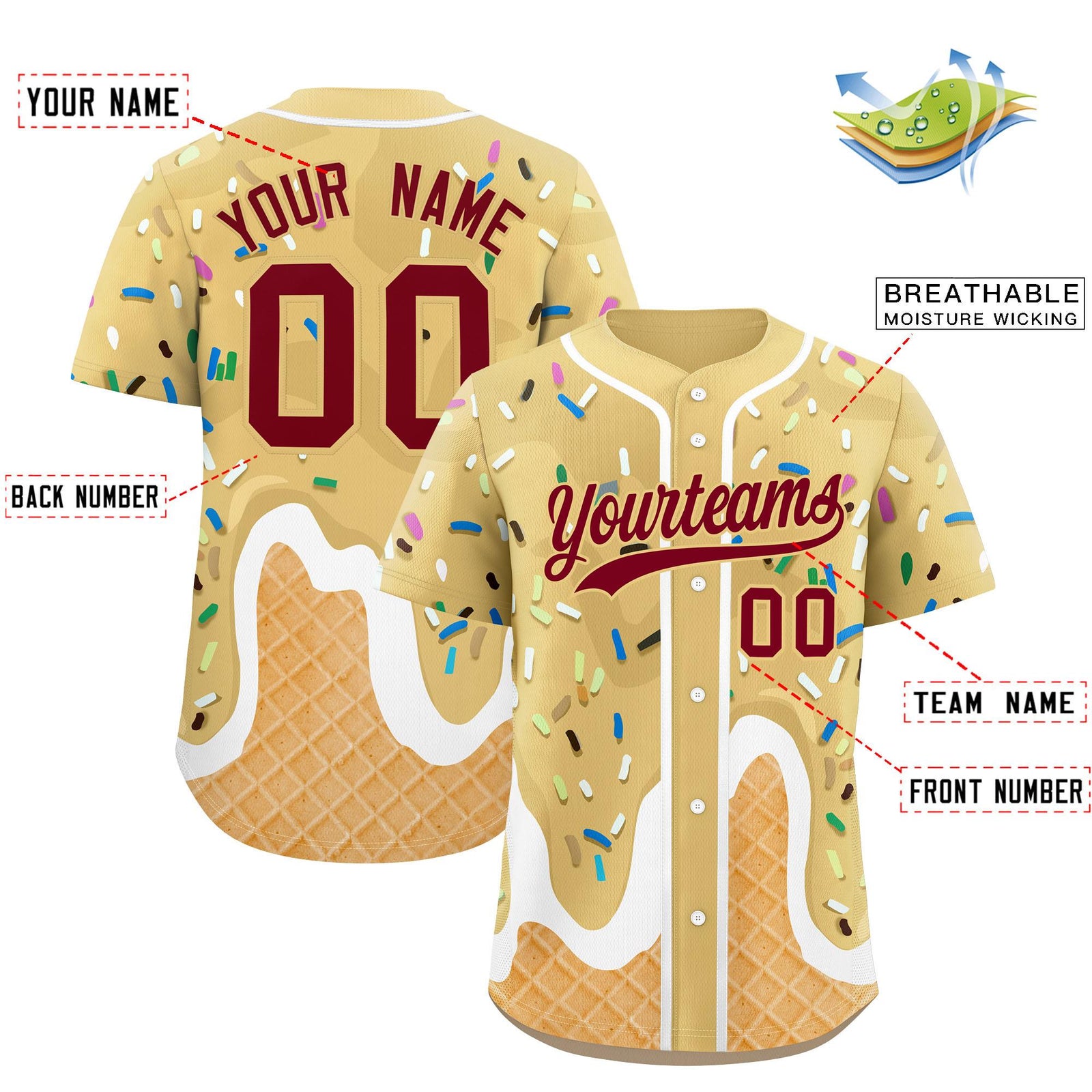 Custom Khaki Ice Cream Cone Graffiti Pattern Fashion Authentic Baseball Jersey