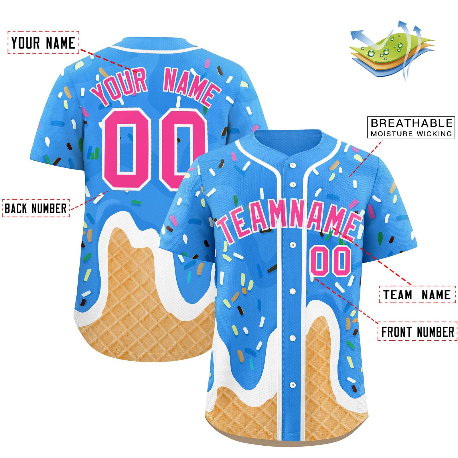 Custom Powder Blue Ice Cream Cone Graffiti Pattern Fashion Authentic Baseball Jersey