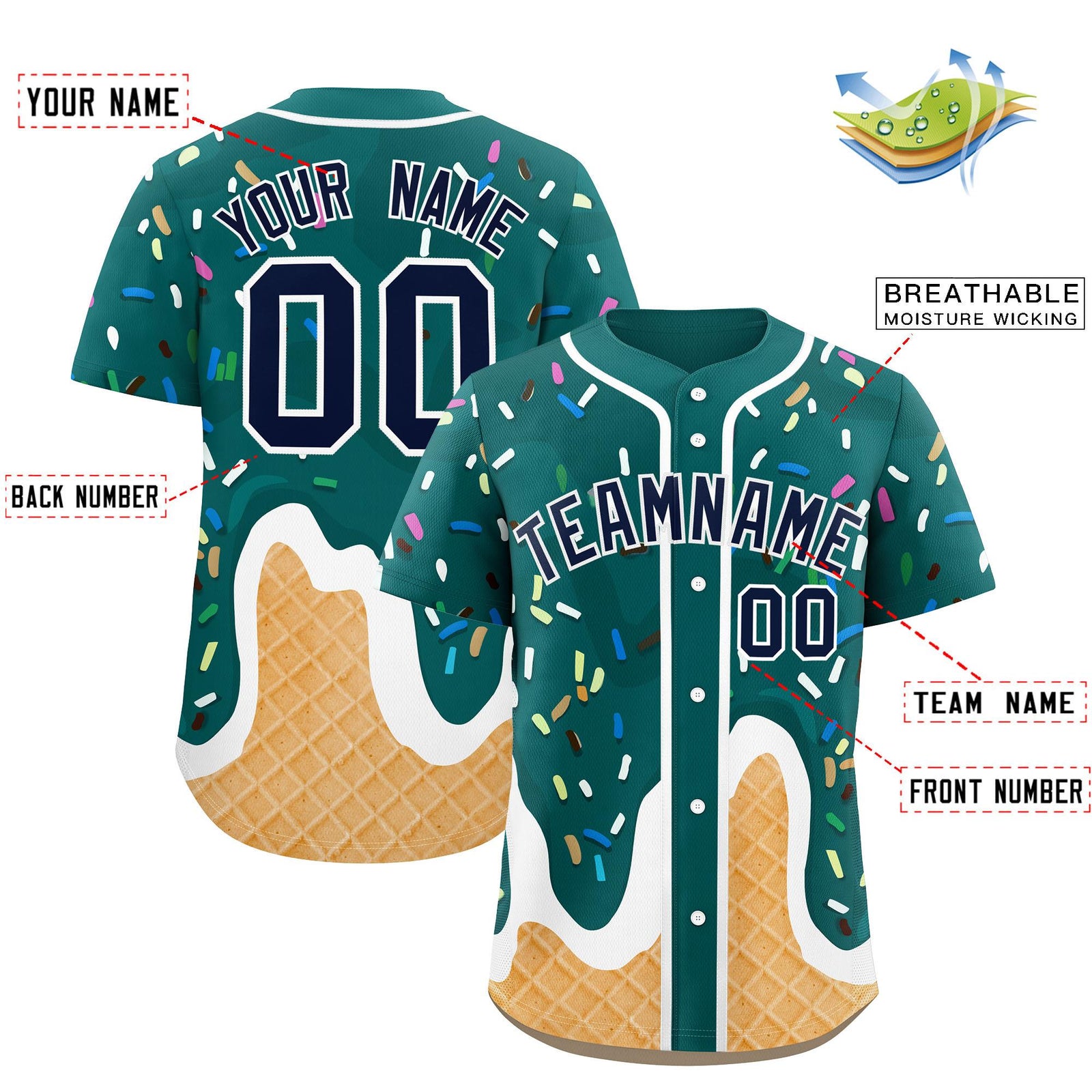 Custom Aqua Ice Cream Cone Graffiti Pattern Fashion Authentic Baseball Jersey
