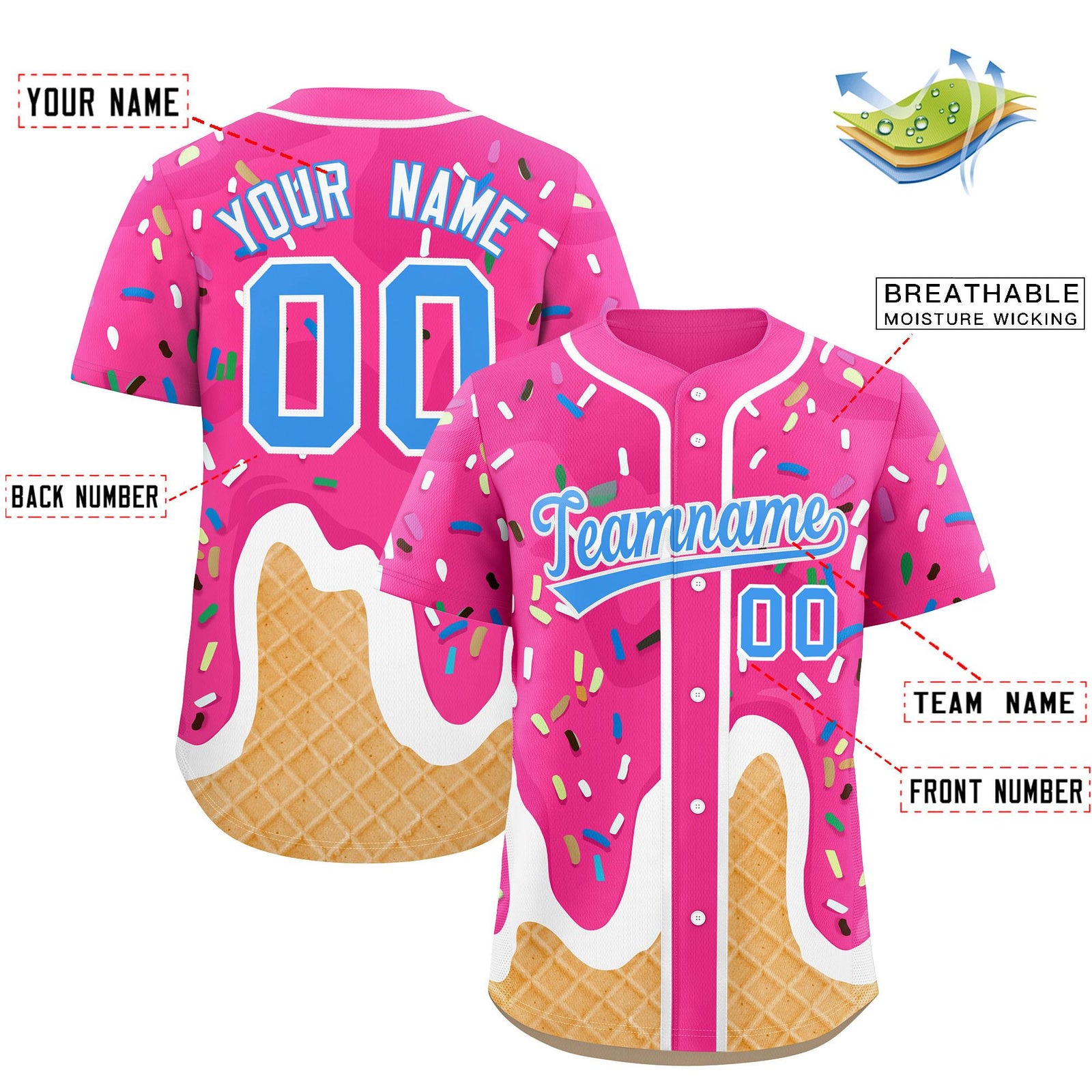Custom Pink Ice Cream Cone Graffiti Pattern Fashion Authentic Baseball Jersey