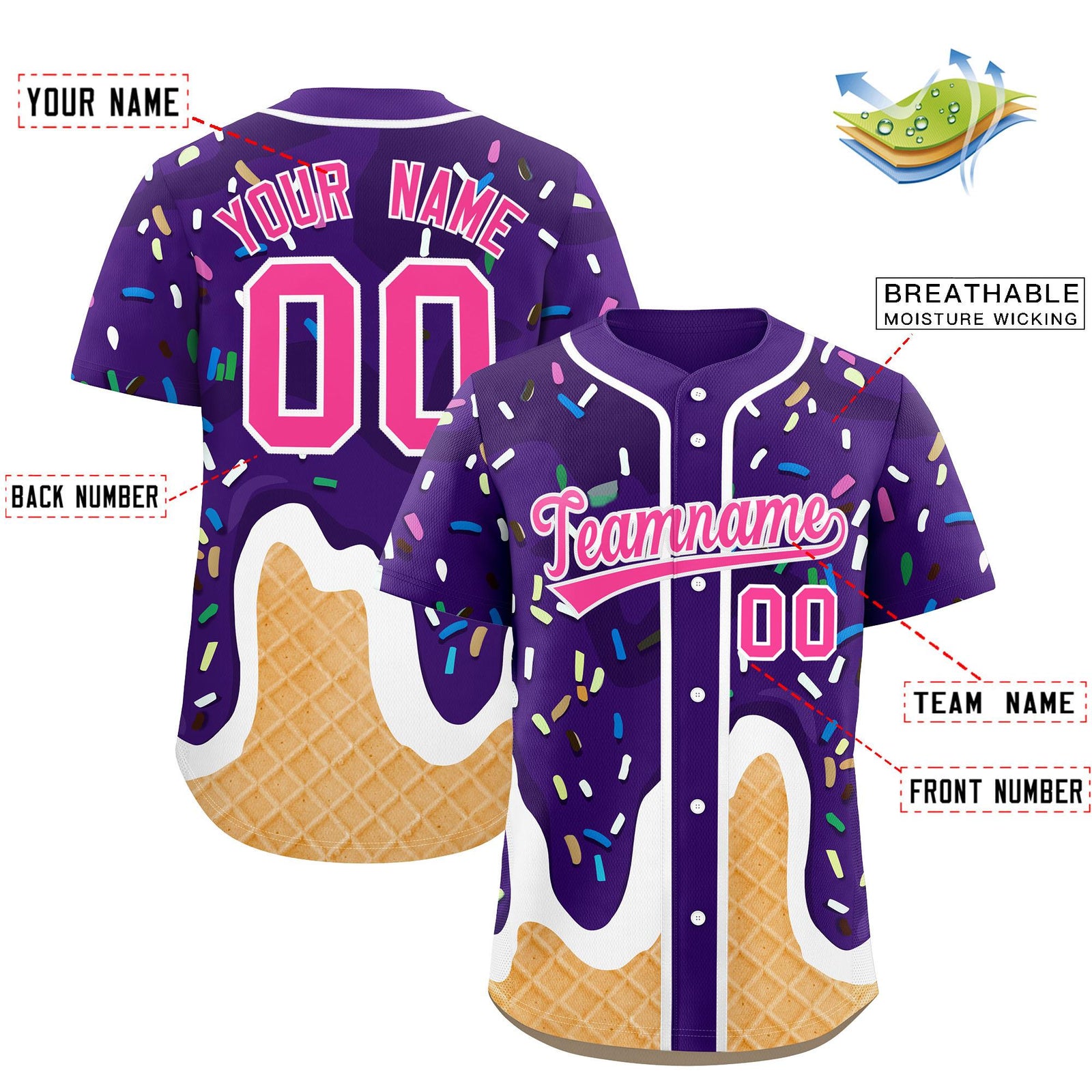 Custom Purple Ice Cream Cone Graffiti Pattern Fashion Authentic Baseball Jersey