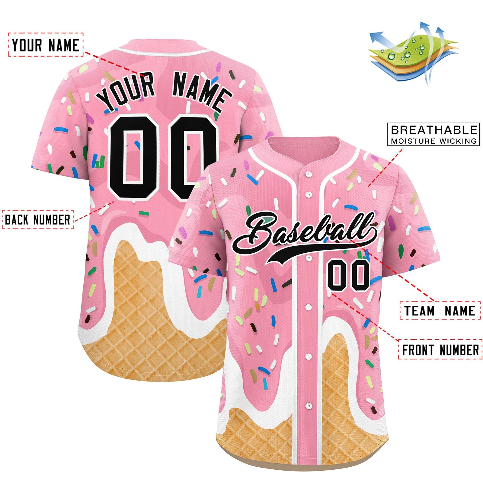 Custom Light Pink Ice Cream Cone Graffiti Pattern Fashion Authentic Baseball Jersey