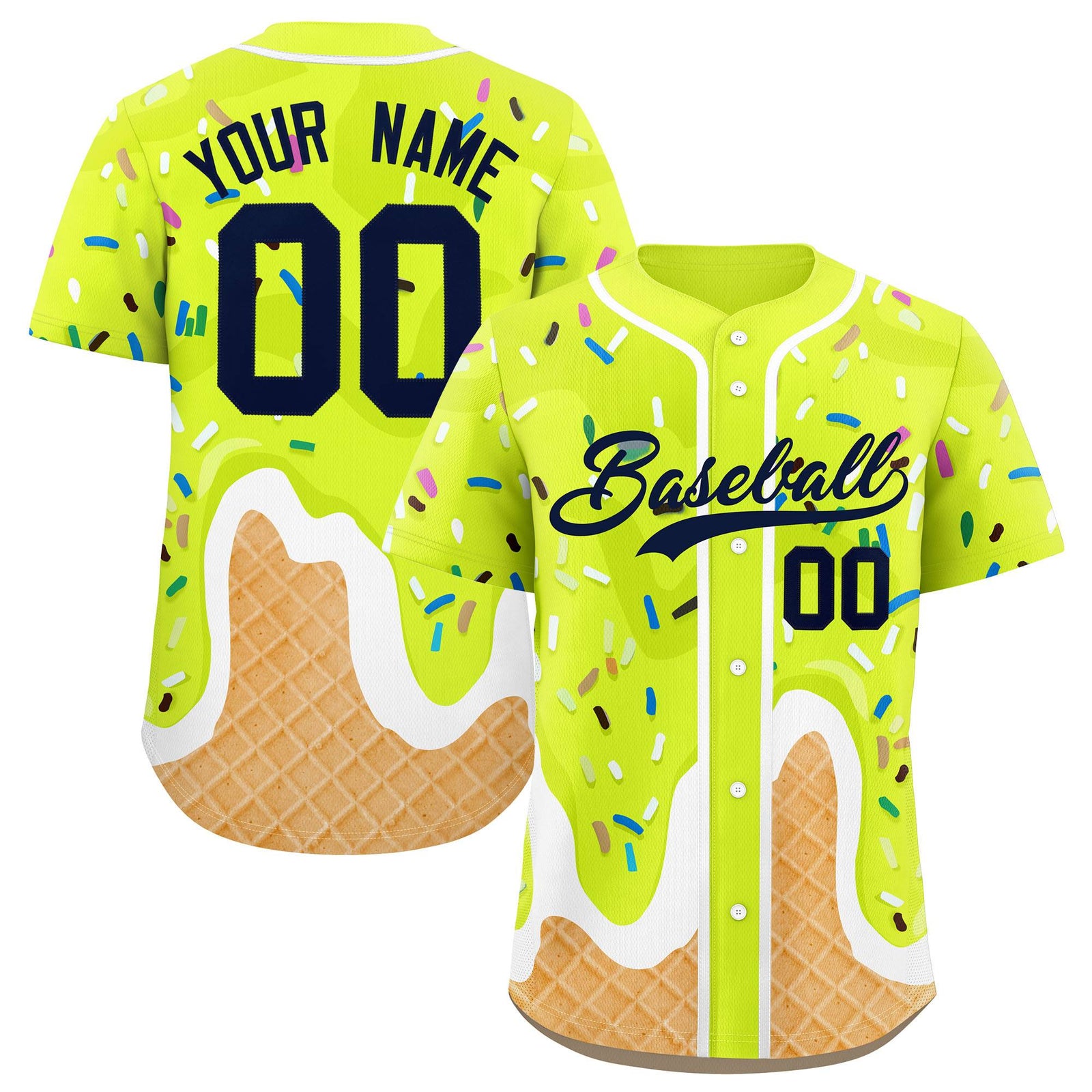 Custom Fluorescent Green Ice Cream Cone Graffiti Pattern Fashion Authentic Baseball Jersey