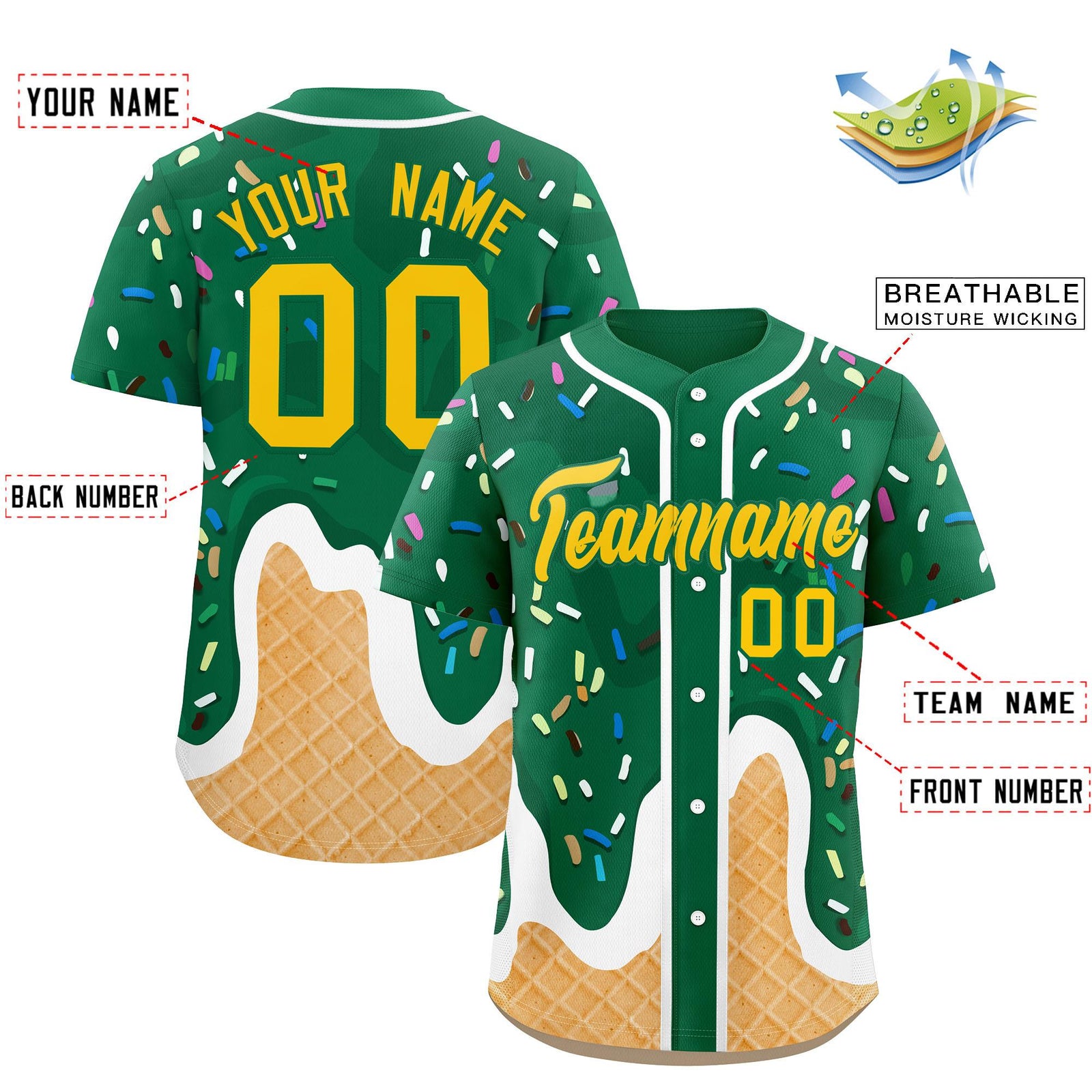 Custom Kelly Green Ice Cream Cone Graffiti Pattern Fashion Authentic Baseball Jersey