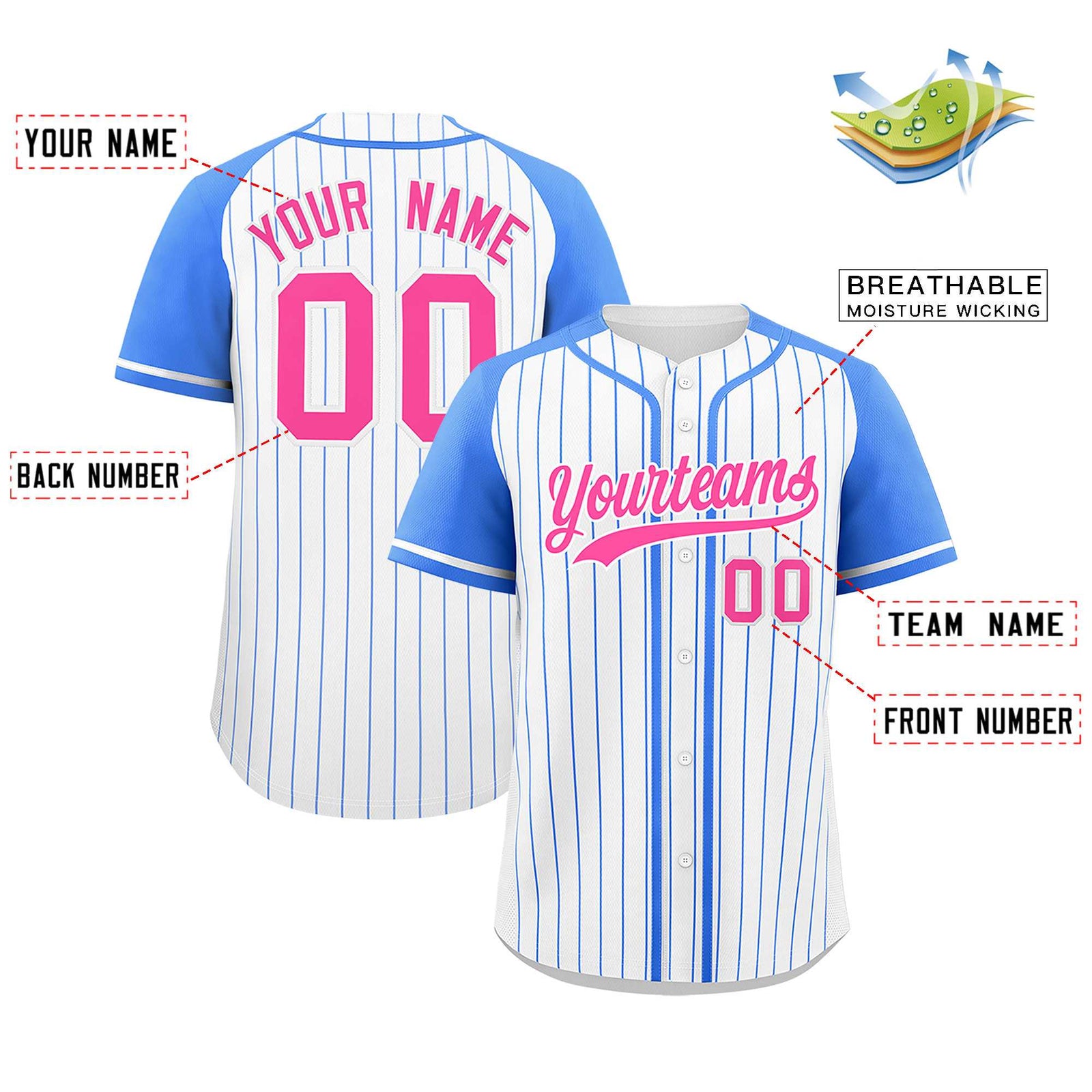 Custom White Powder Blue Stripe Fashion Raglan Sleeves Authentic Baseball Jersey
