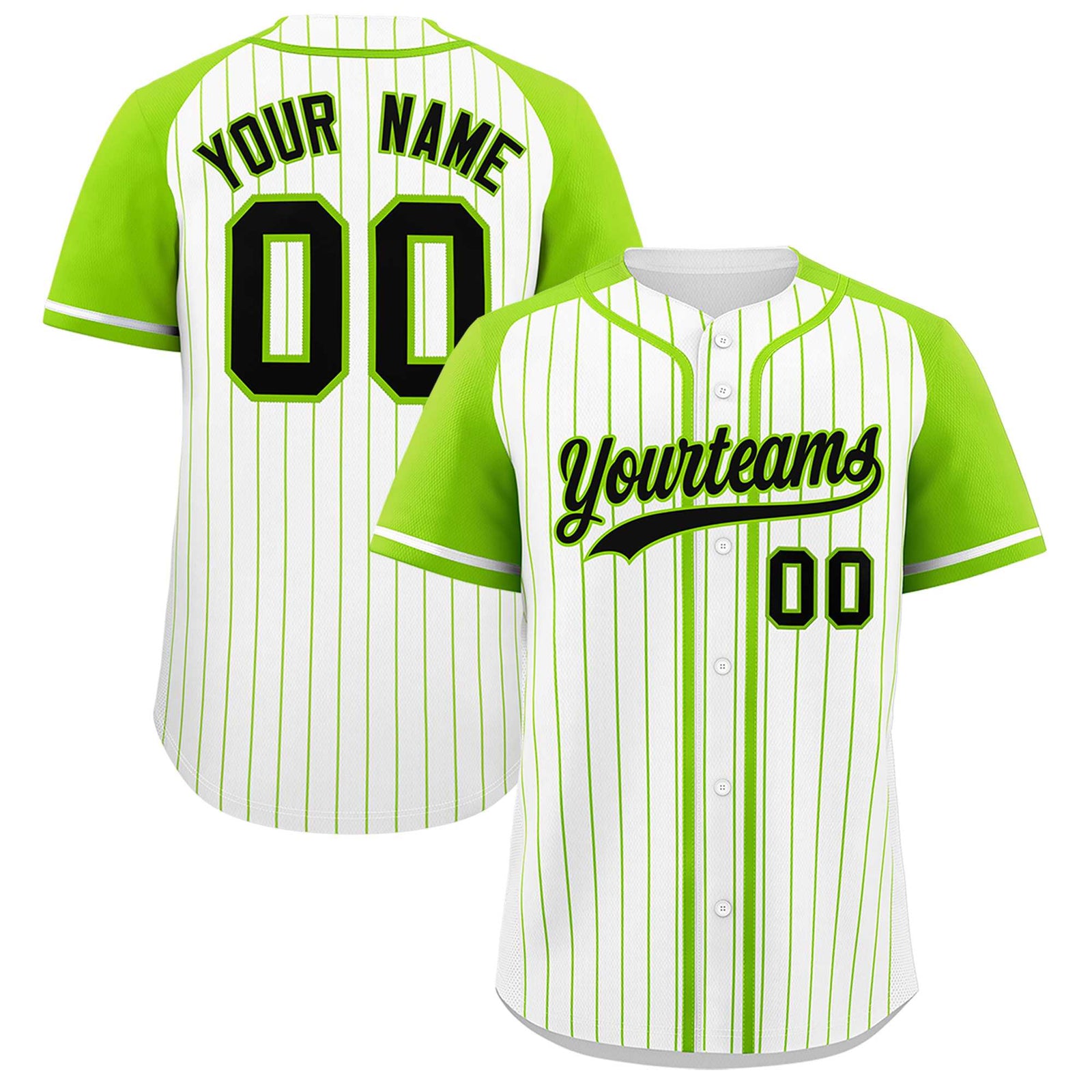 Custom White Neon Green Stripe Fashion Raglan Sleeves Authentic Baseball Jersey